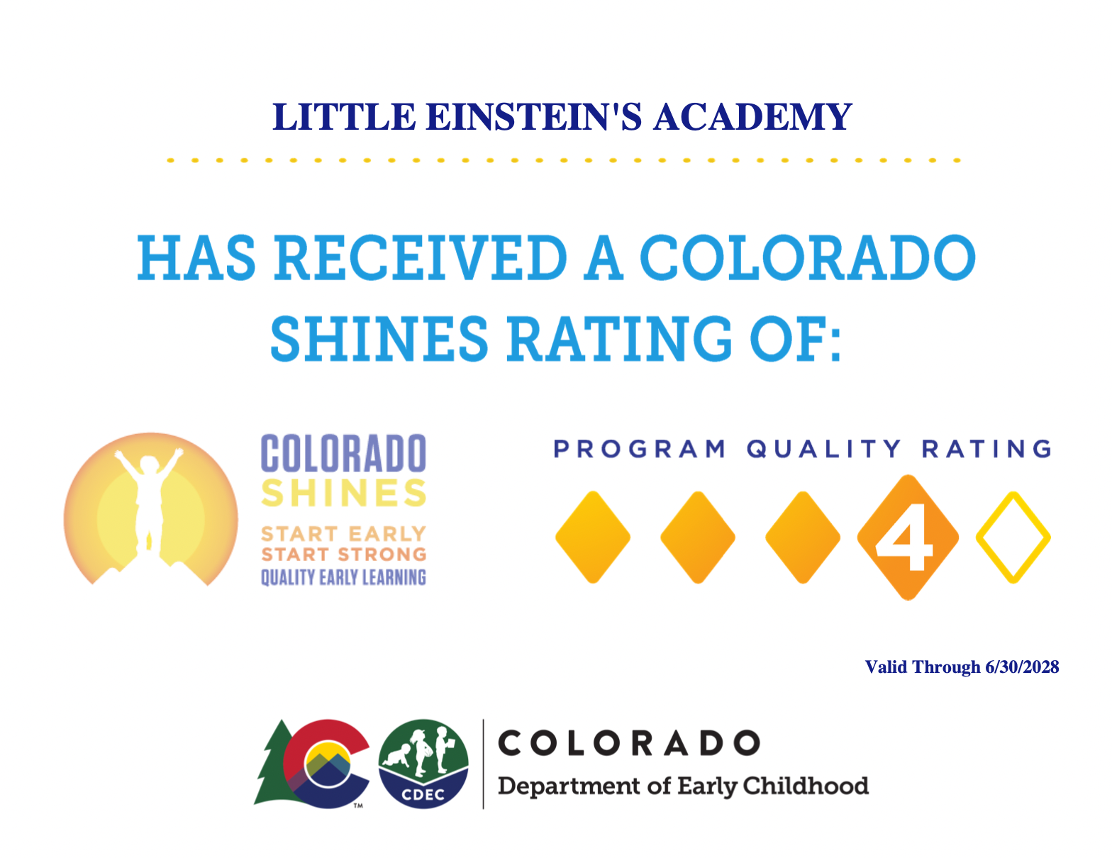 Colorado Shines Certificate with a score of 4