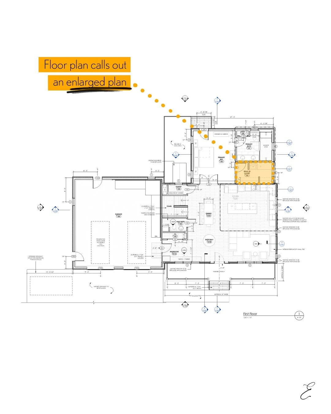 Ever wonder how one drawing leads to another in a full construction set? Here&rsquo;s a quick example of how callouts guide you through the details:

1️⃣ Start with the Floor Plan
The overall layout gives you the &ldquo;big picture.&rdquo; Here, the 