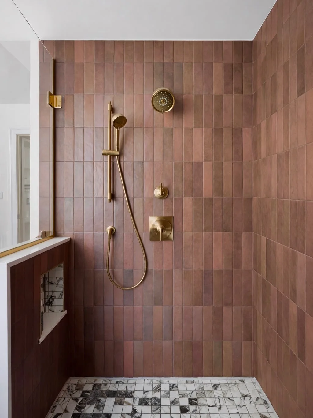 Custom primary suite shower is complete! We fell hard for these bold tile selections even before seeing them in person, and paired them with simple, neutral finishes in the remainder of the bathroom. 
#architecture #interiors #construction #bathroom 