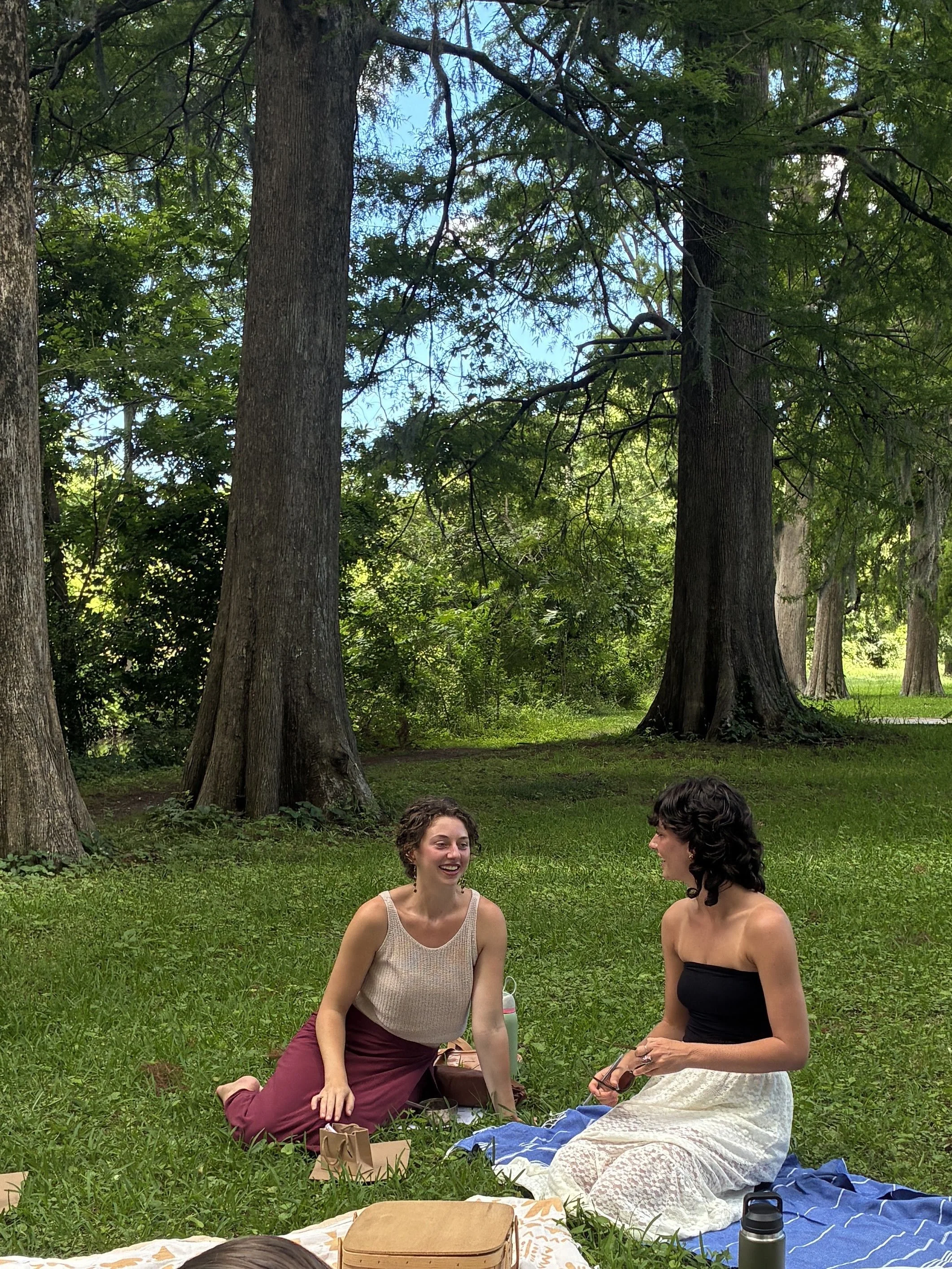 Two women sitting on the grass in a park, smiling and talking, with large trees and green foliage in the background.