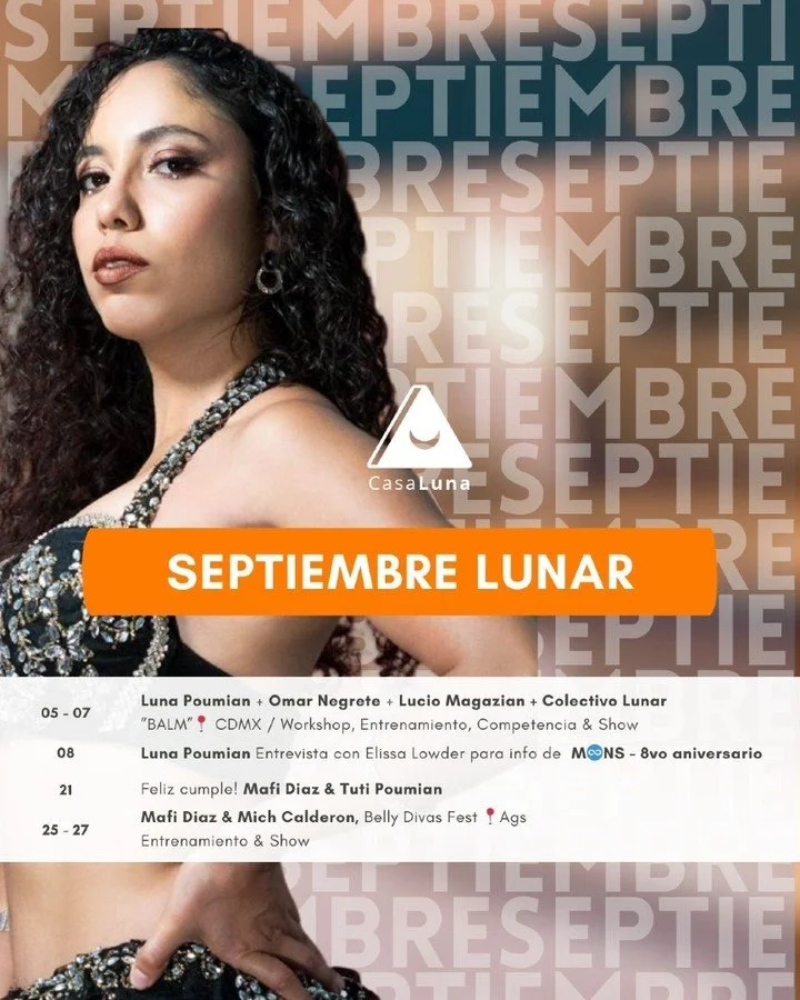 Comenzamos septiembre con todo el power 🔥✨ Nos vamos a #BellyALaMexicana en CDMX 💃🏽🌙
⭐ Nuestra directora dar&aacute; workshop y show estelar
⭐ Nuestro codirector brillar&aacute; en el show estelar
🌟 Las estrellas lunares competir&aacute;n
🌙 El 