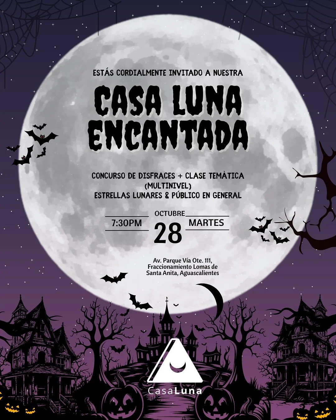 🎃✨ &iexcl;Llega &ldquo;Casa Luna Encantada&rdquo;! ✨🎃

Prep&aacute;rate para una noche m&aacute;gica llena de creatividad, baile y mucha diversi&oacute;n. 💃🌕
Tendremos concurso de disfraces 🎭 y una clase tem&aacute;tica especial para celebrar la