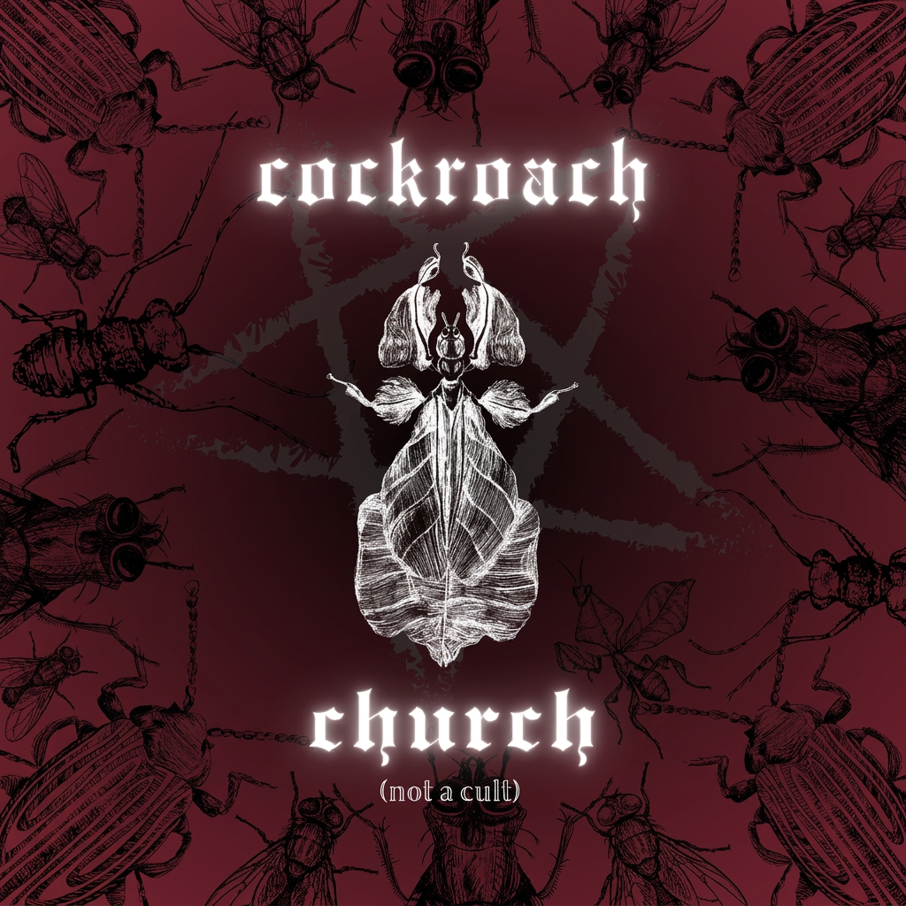 Poster design with insects holding hands circling a mother Leaf Bug in a pentagram, imitating a ritual ceremony. Background is black to red fade in.