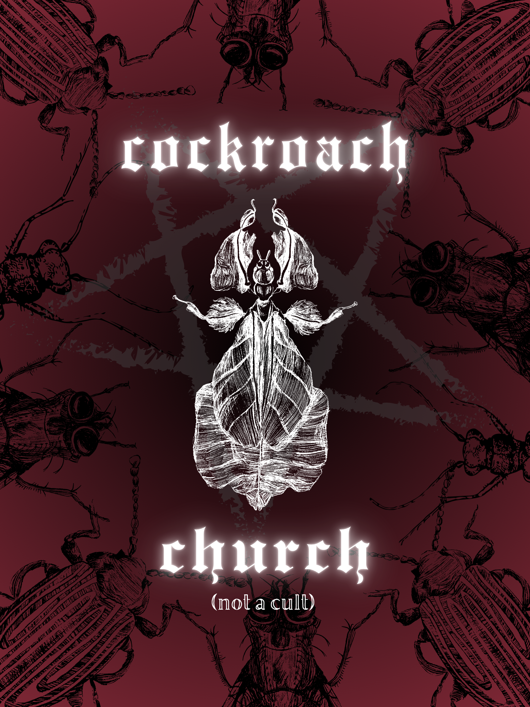 Poster design with insects holding hands circling a mother Leaf Bug in a pentagram, imitating a ritual ceremony. Background is black to red fade in.