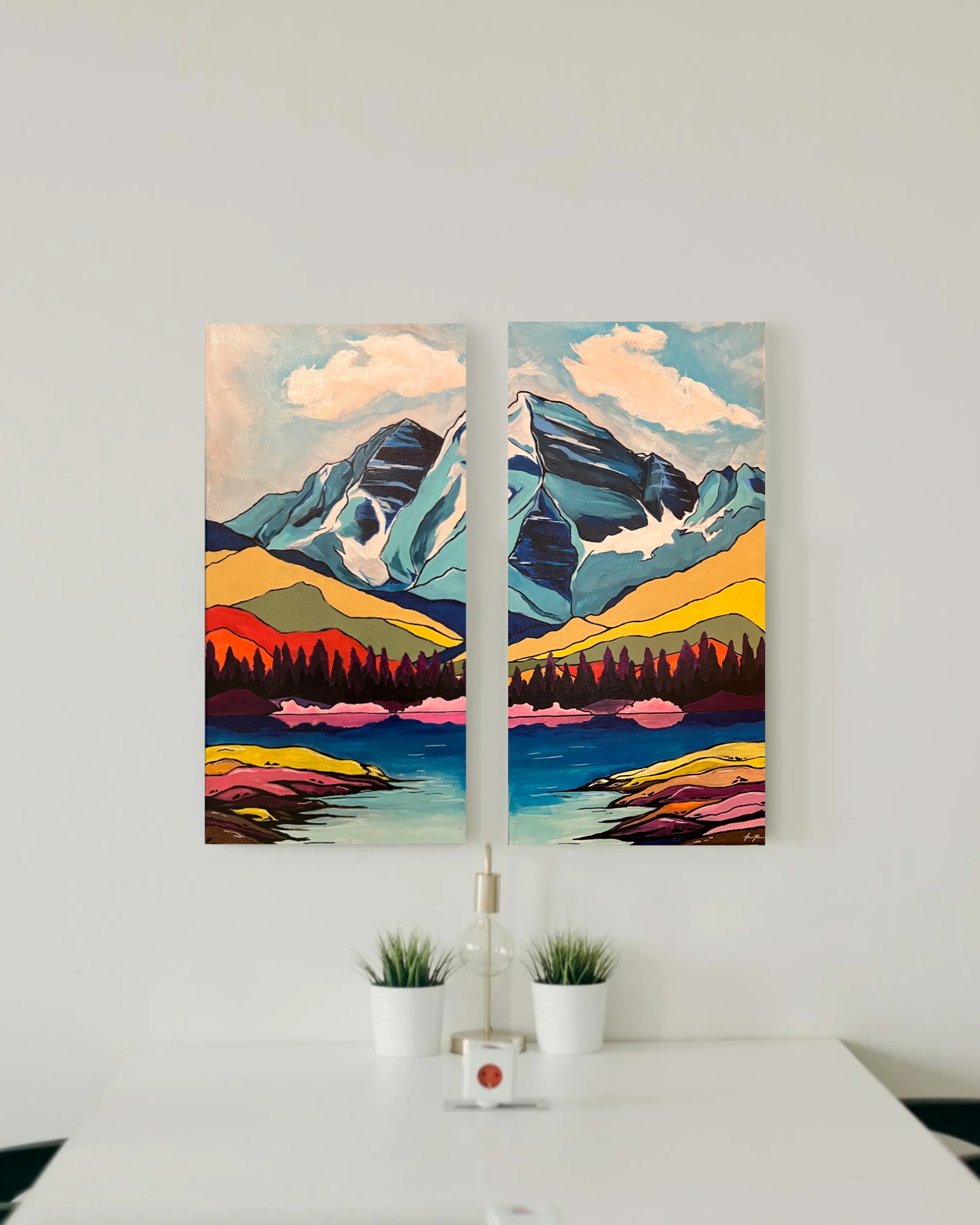 Original acrylic painting of Maroon Bells in Colorado, featuring vibrant colors and stunning mountain scenery, capturing the beautiful lake and colorful wilderness in the foreground.