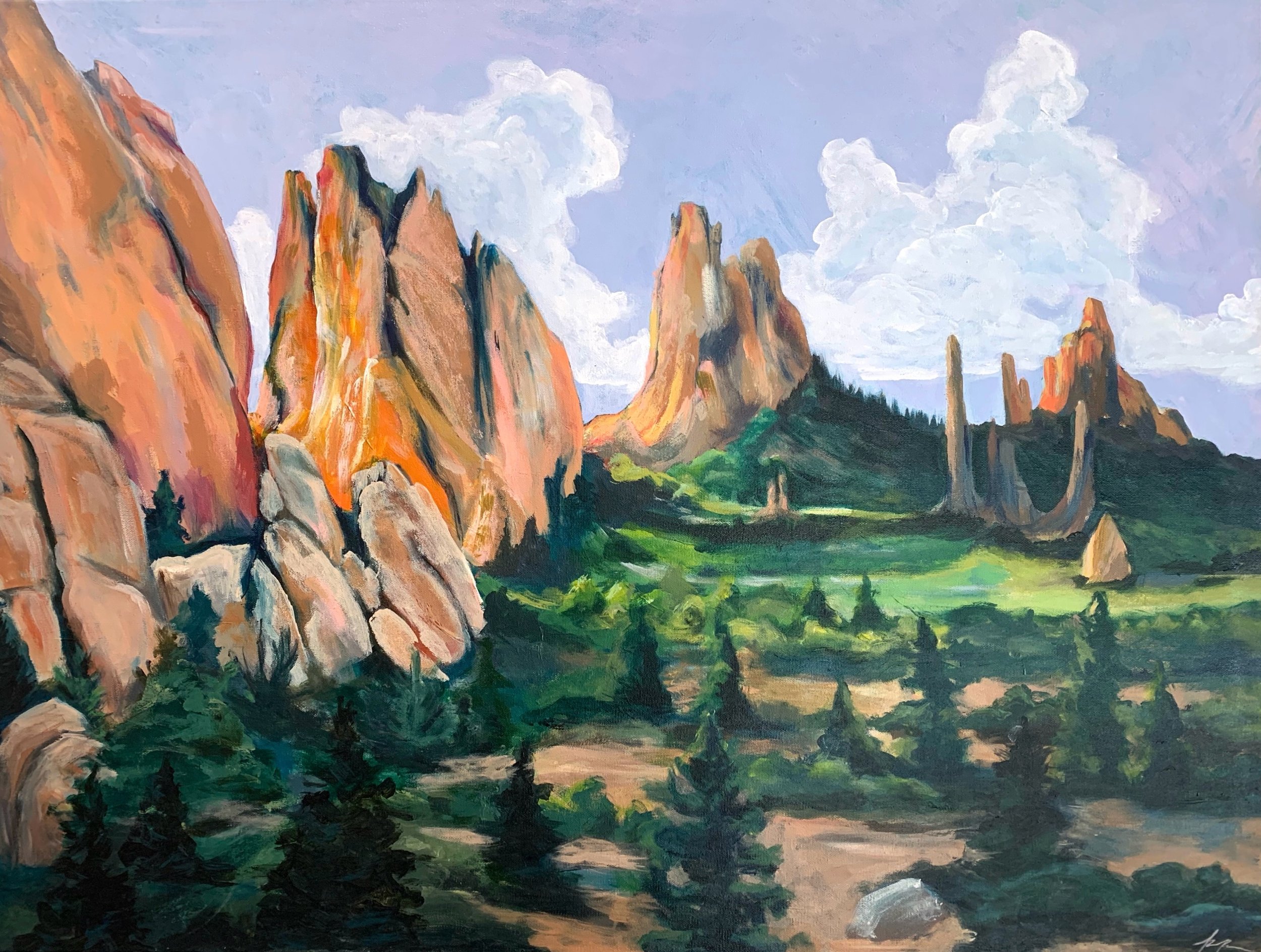 Digital download of an original acrylic painting of Garden of the Gods Park in Colorado Springs, CO. Beautiful stunning mountain scenary showing sunshine piercing through the rocks