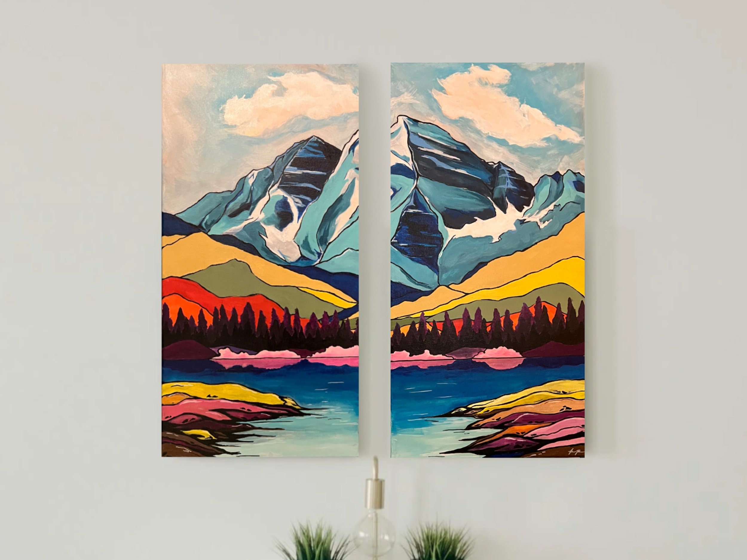 Original acrylic painting of Maroon Bells in Colorado, featuring vibrant colors and stunning mountain scenery, capturing the reflection in a tranquil lake and colorful wildflowers in the foreground.
