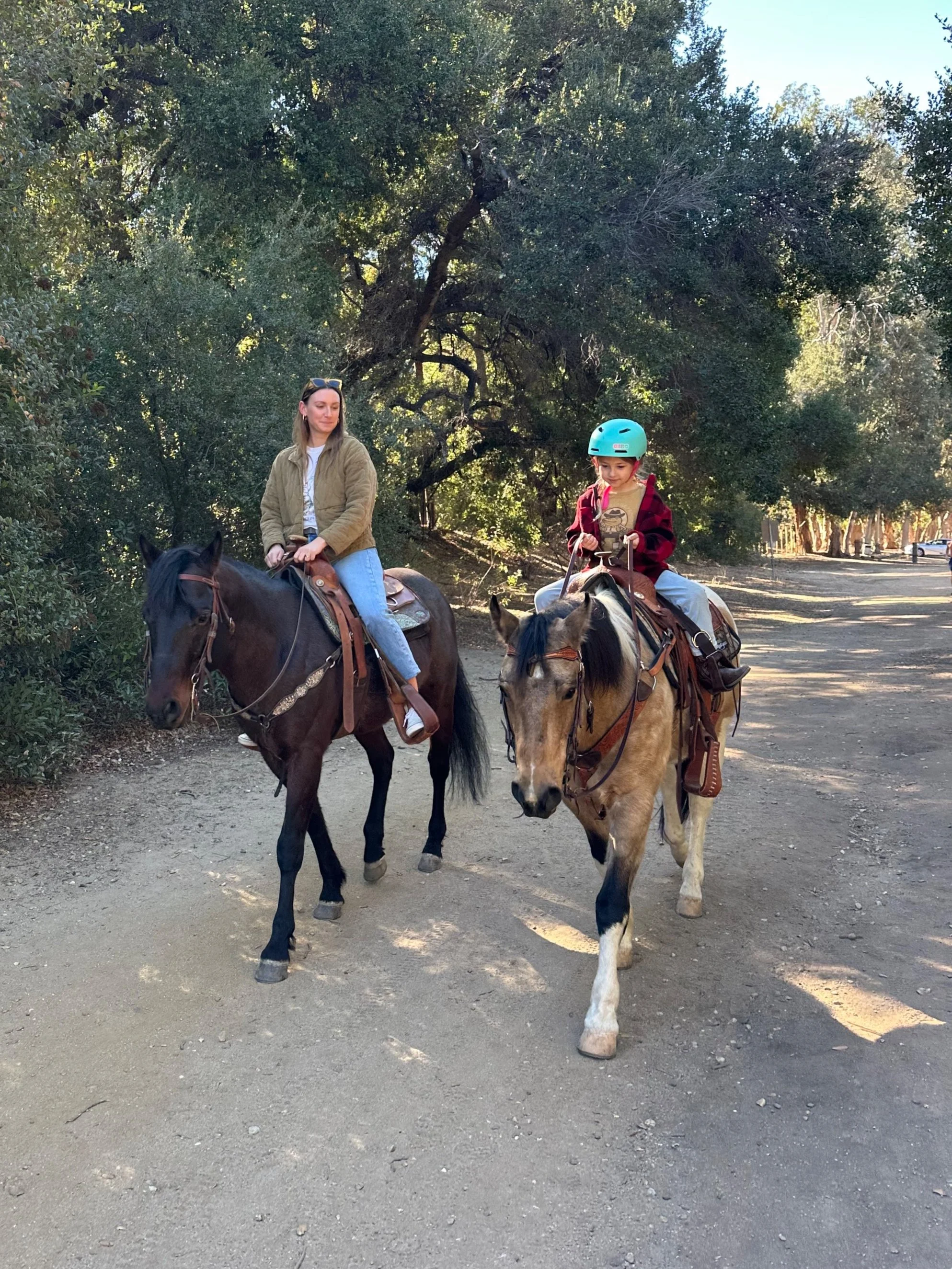 A woman and a young girl are riding horses on a dirt trail surrounded by trees.