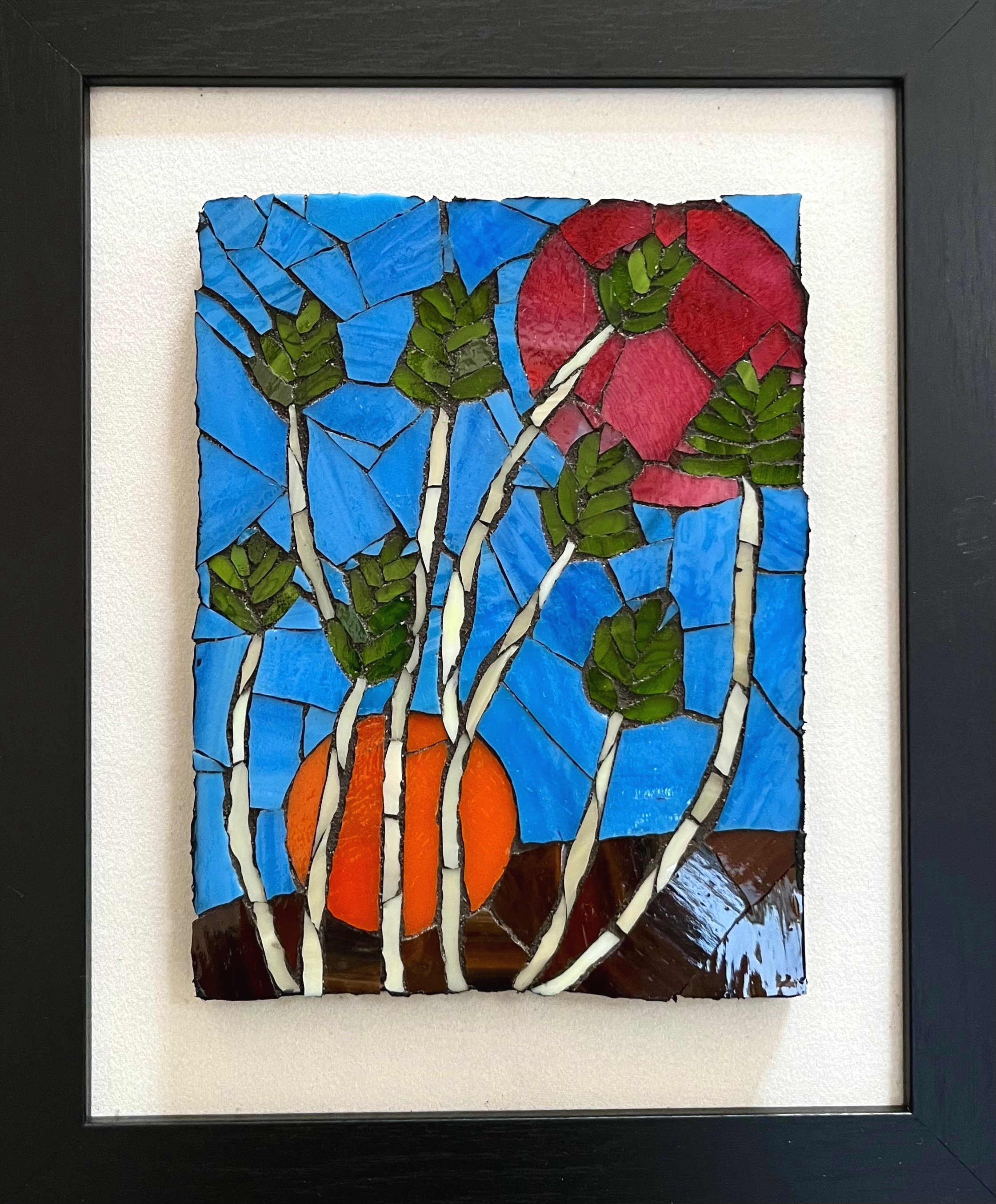 Glass mosaic of slender white-trunked trees with green leaves set against a bright blue sky, with a large red circle in the upper right and an orange circle near the base