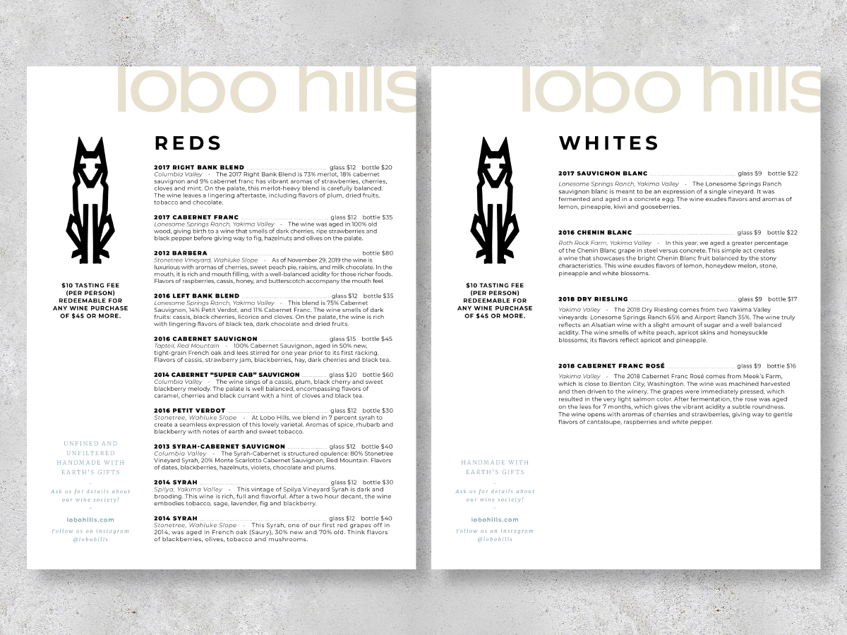 Lobo Hills Wine Menu