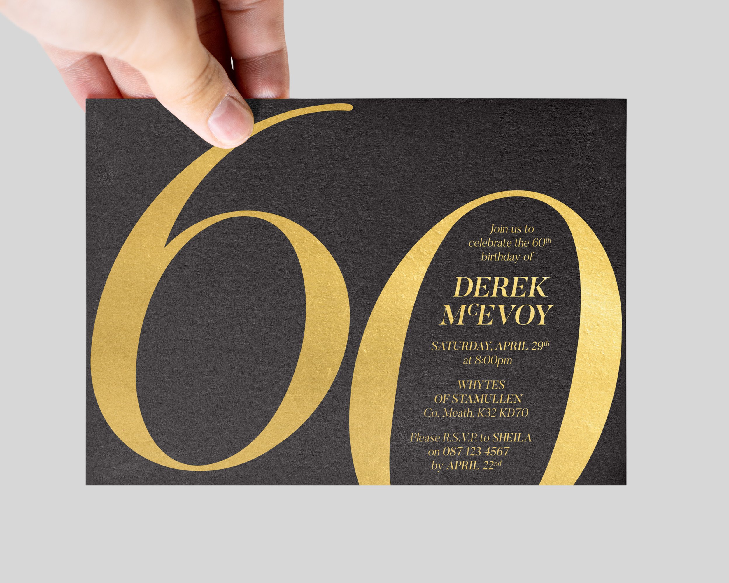 60th Birthday Invitations. Gold Foil on Black Card Stock
