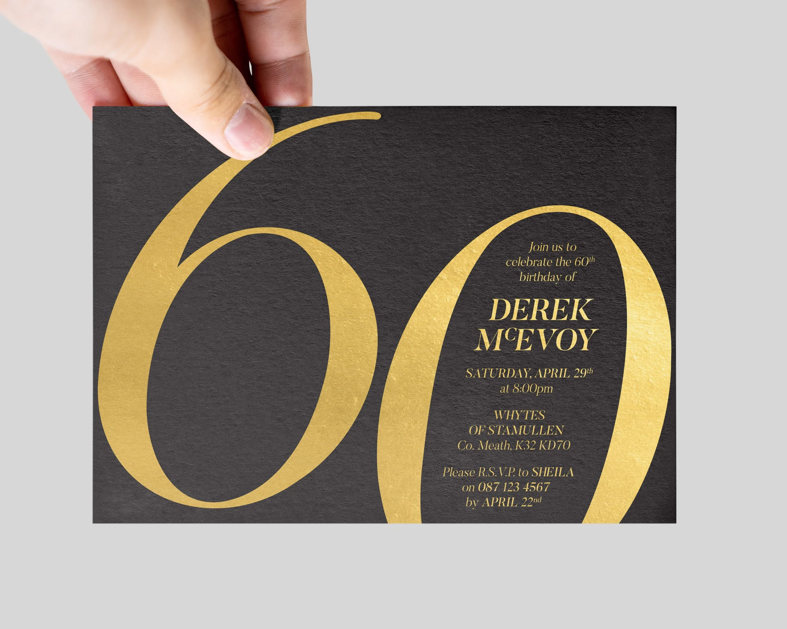 60th Birthday Invitations. Gold Foil on Black Card Stock