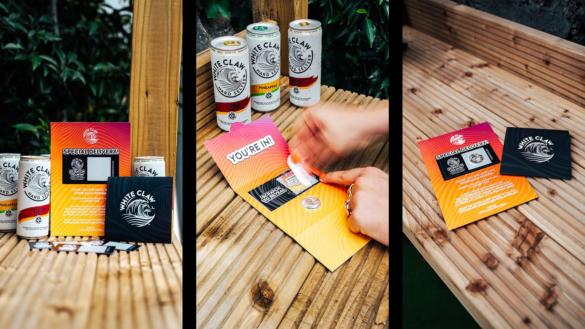 White Claw Wavemaker Hotline Scratch Cards Being Used Alongside Cans and Housing