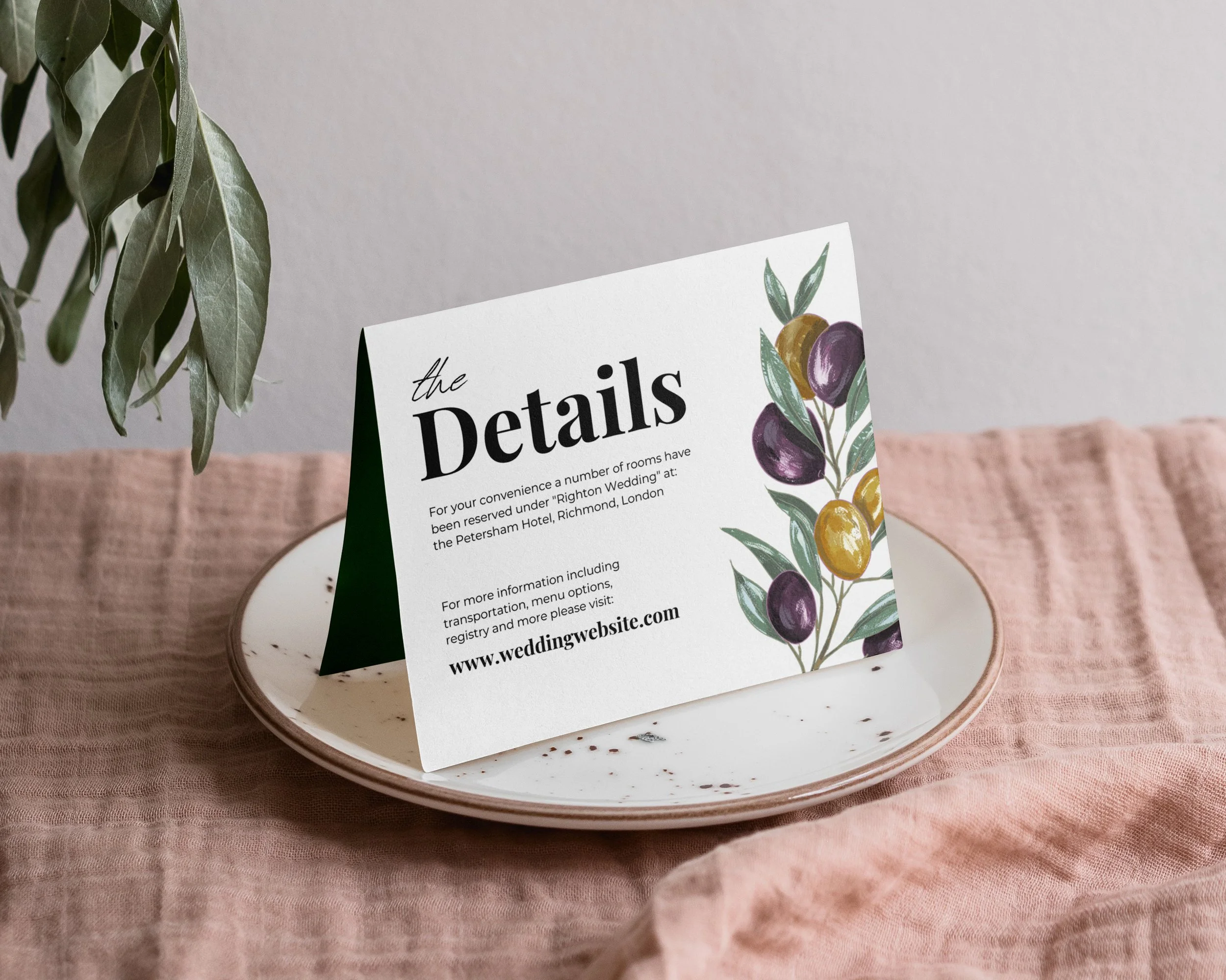 Olive Themed Wedding Details Card