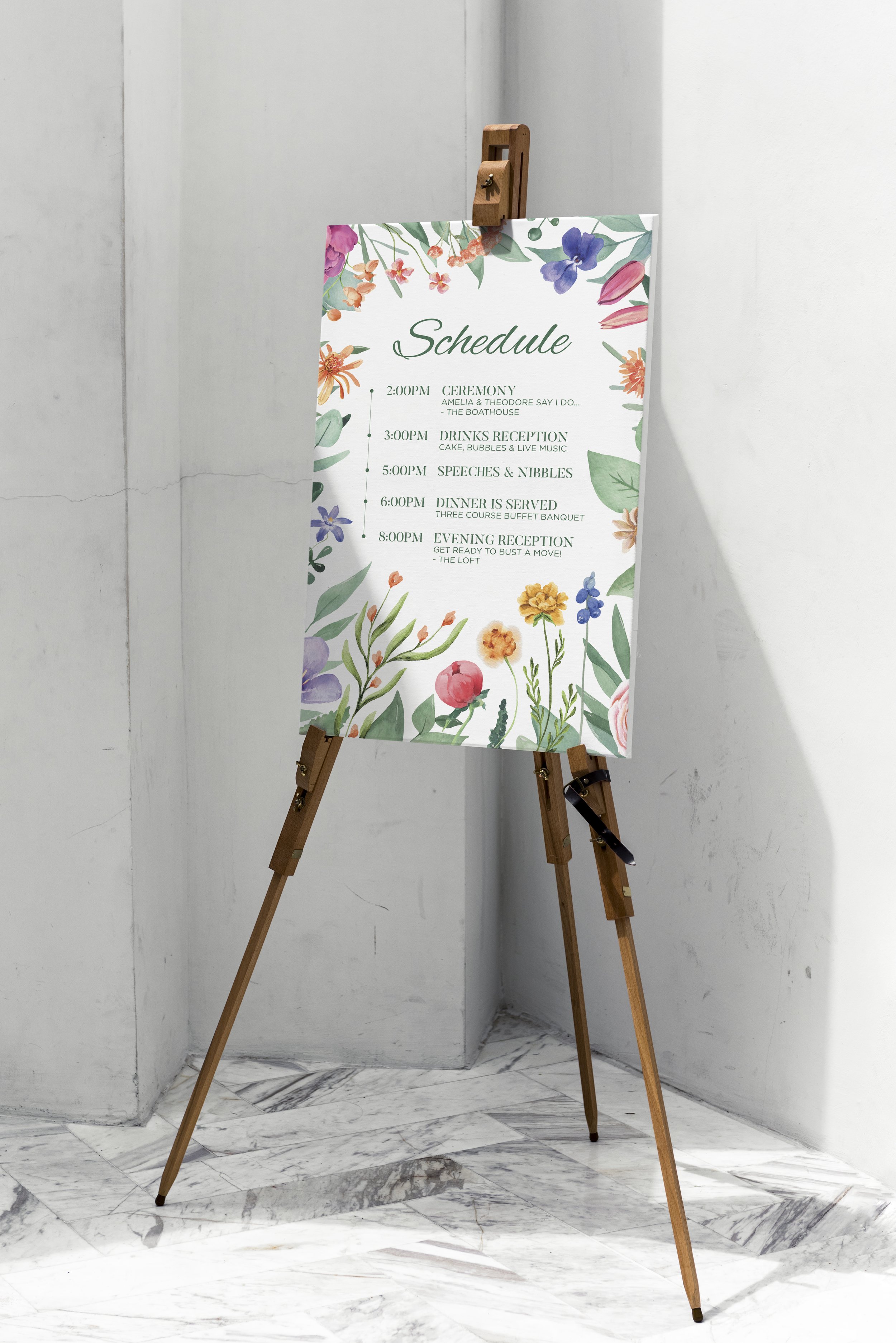 Floral Wedding Schedule Board on Easel