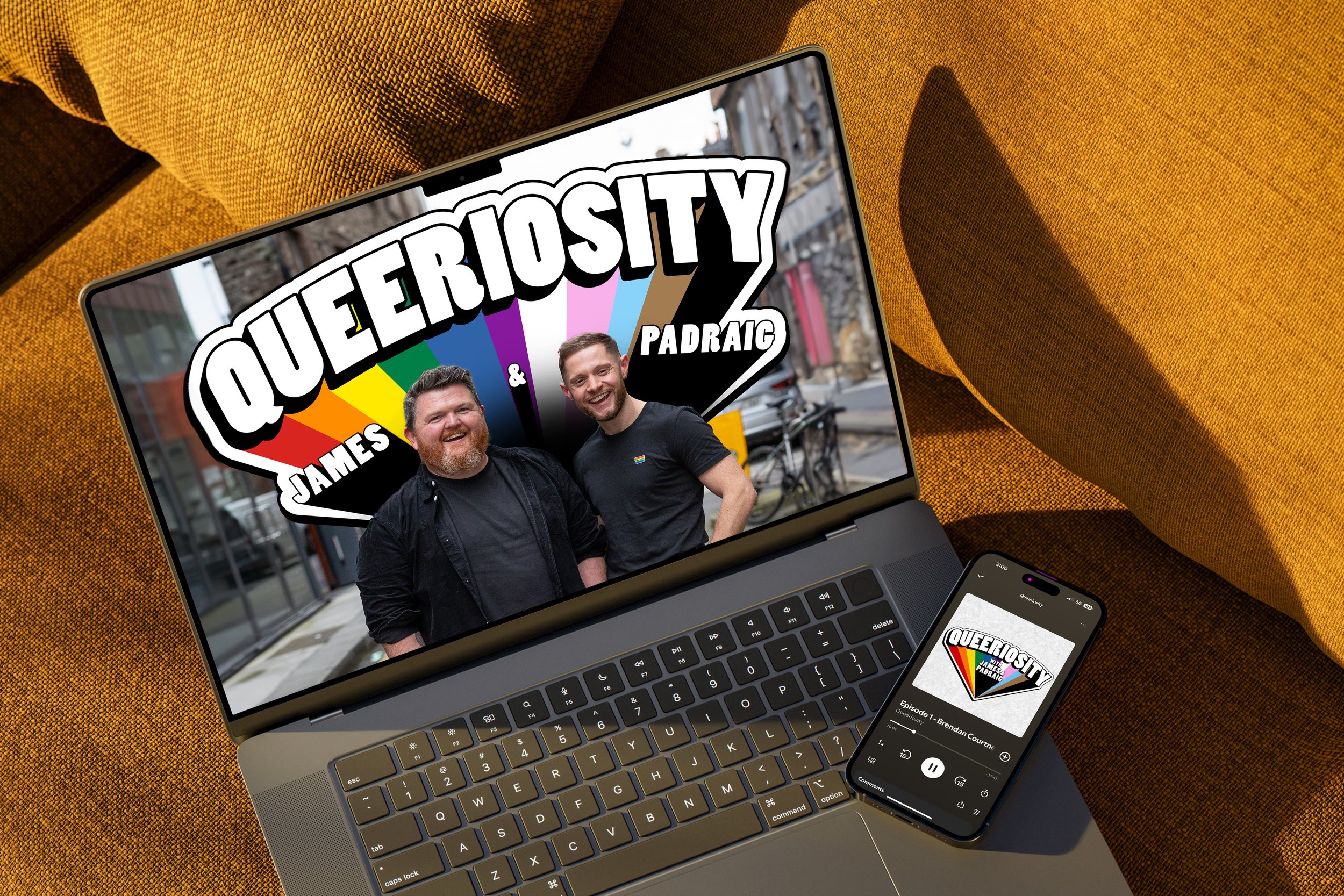 Queeriosity Laptop Screen and Phone Podcast Screen
