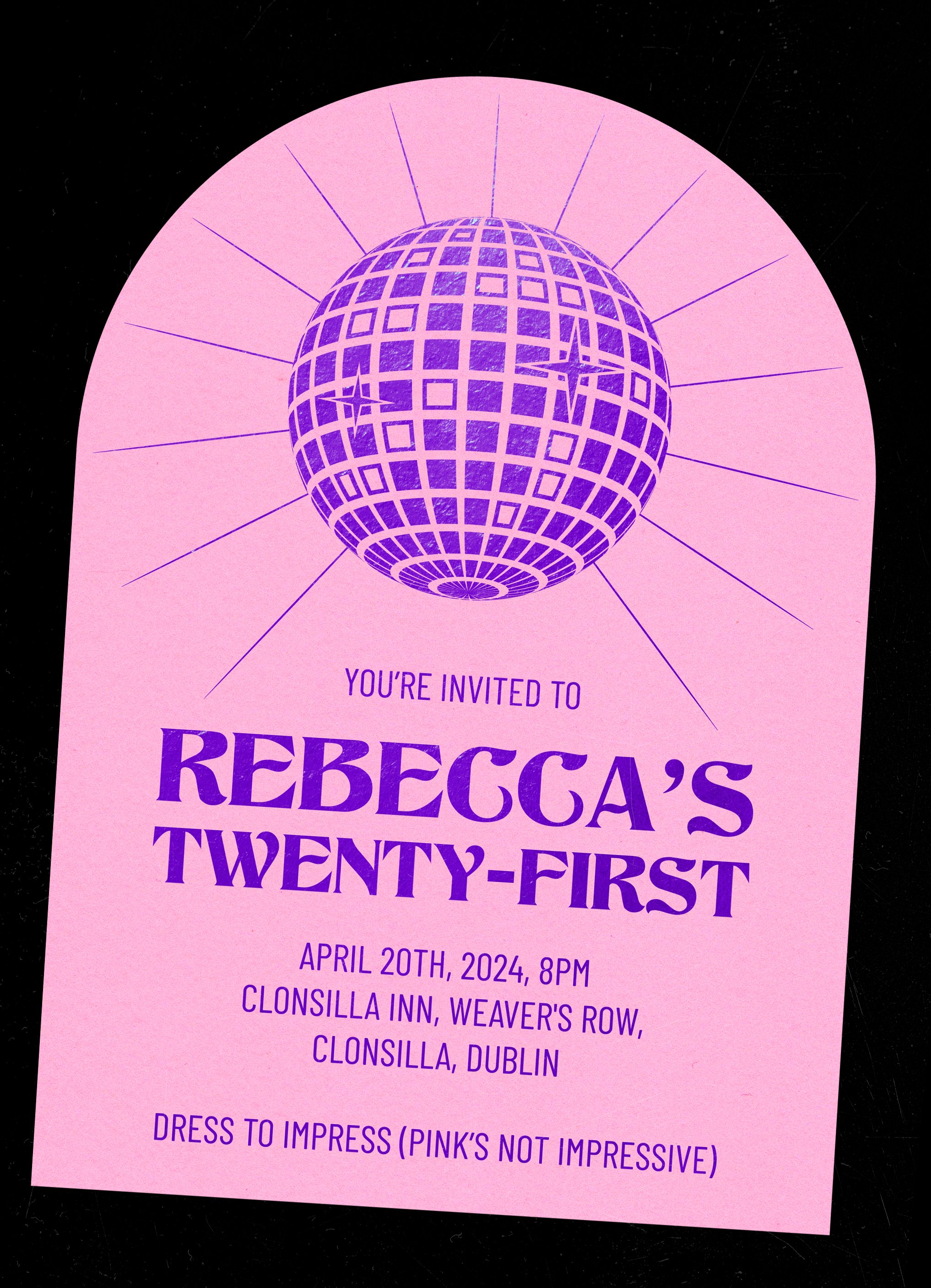 Disco Themed 21st Birthday Party Invitations. Purple Foil on Pink Card Stock