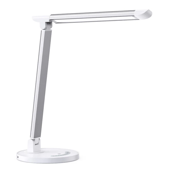A white TaoTronics Apollo L1 (TT-DL13) LED Desk Lamp with a slender, adjustable arm and a flat, rectangular light source, shown against a plain white background.