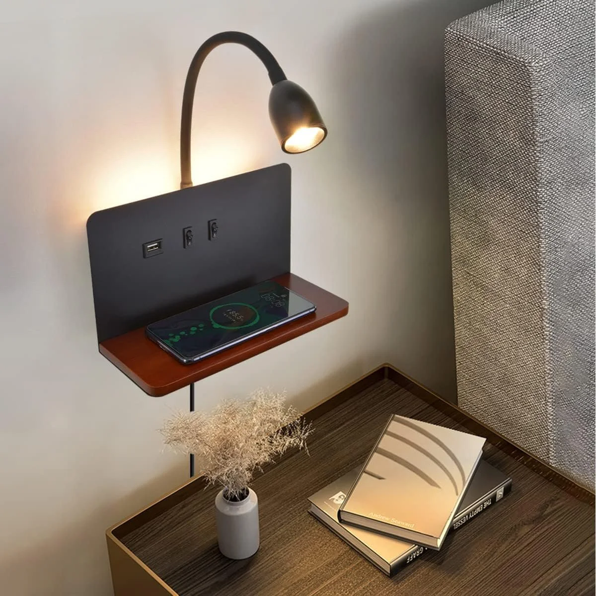Modern wall mounted lamp with small shelf and USB charging port for space-saving bedroom lighting