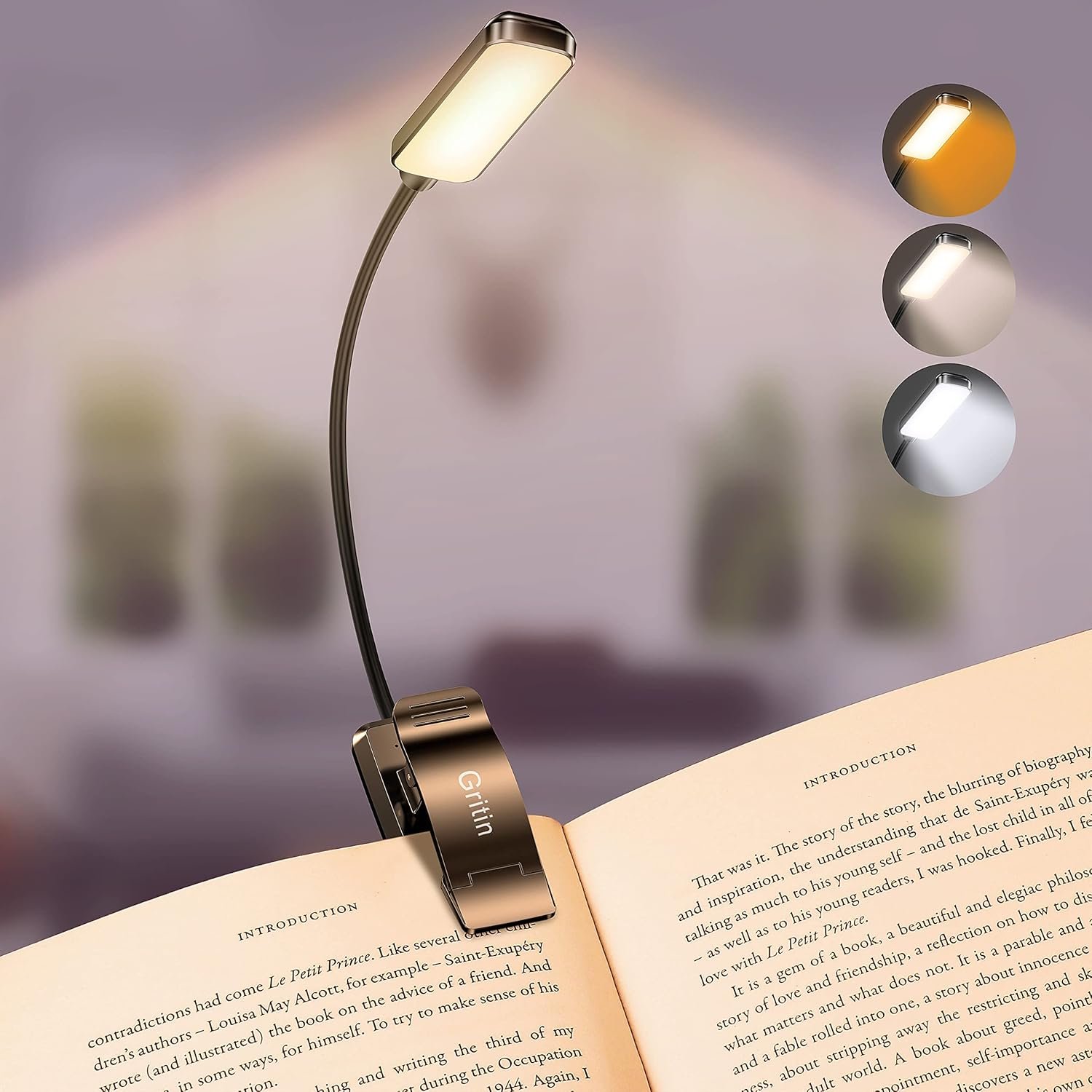 Gritin 9 LED compact budget book light with amber mode and USB-C charging clipped to paperback