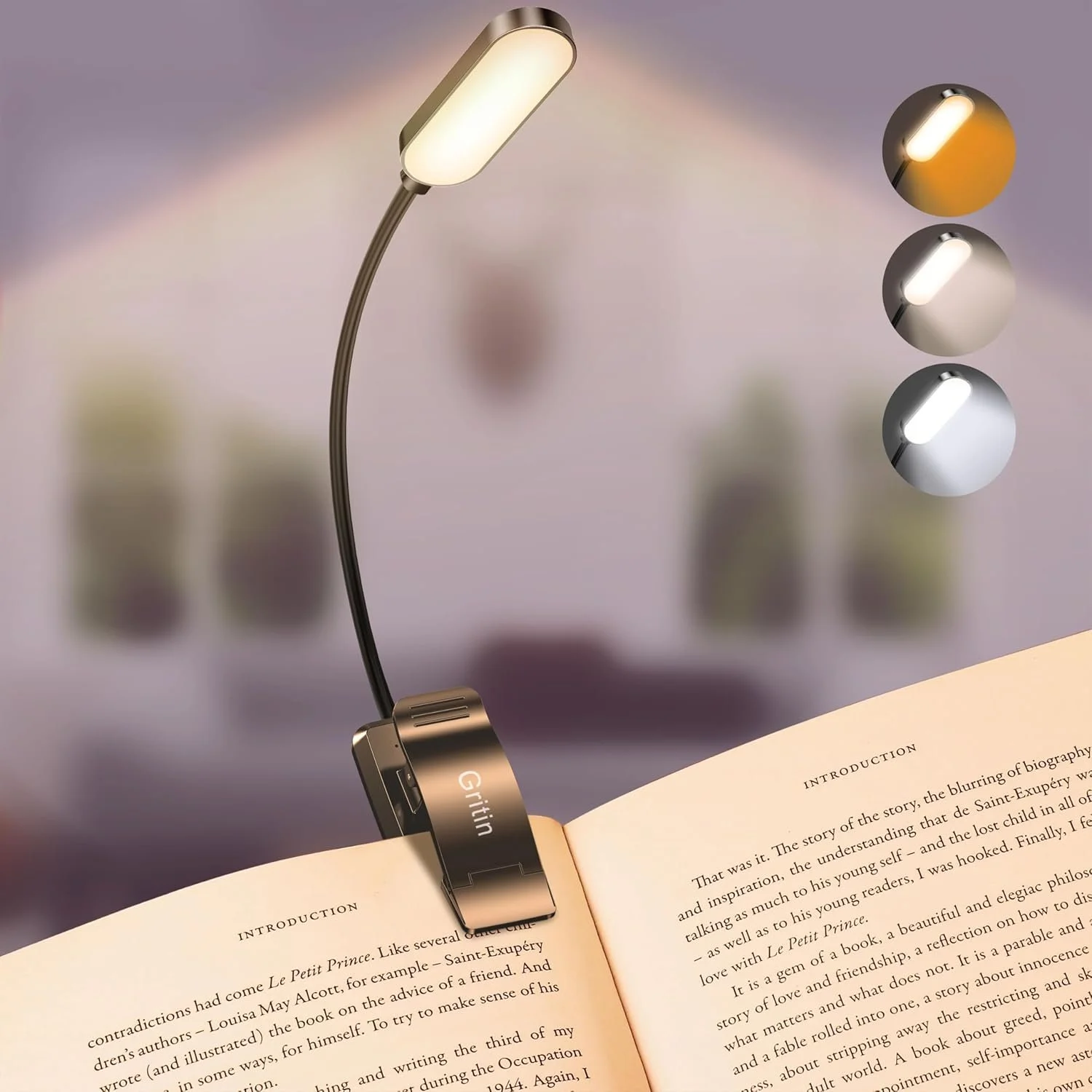 Gritin 16 LED compact clip-on book light with USB-C charging for portable bedside reading