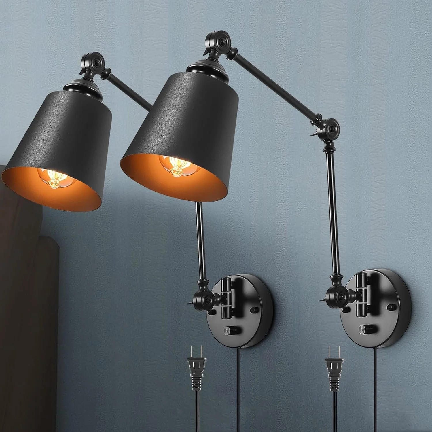 HOXIYA industrial matte black dimmable swing arm wall lamps with glare-reducing shade for bedroom reading
