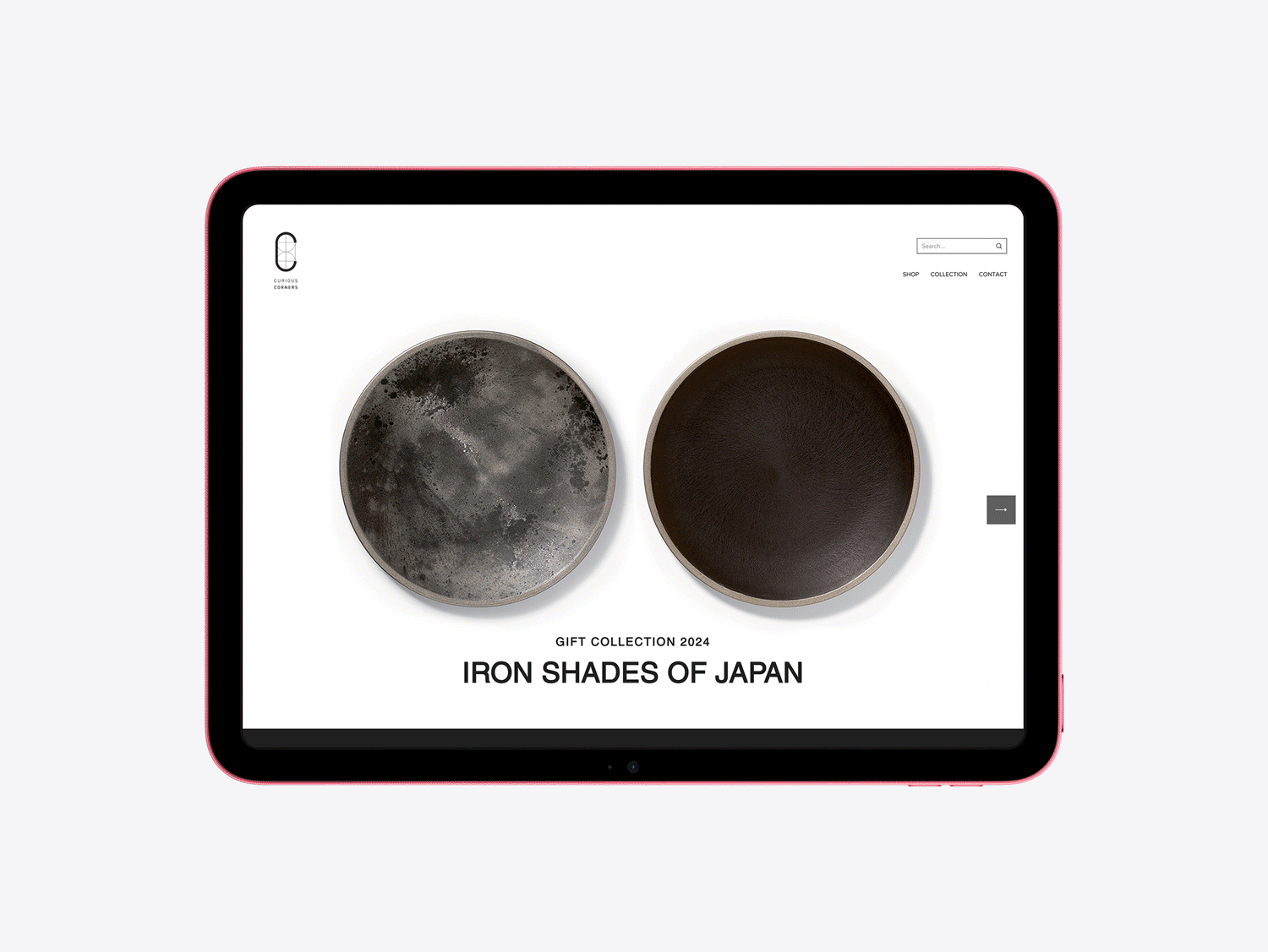 Tablet displaying a webpage for a gift collection called Iron Shades of Japan, showing two black and gray iron bowls with a white background and text underneath.