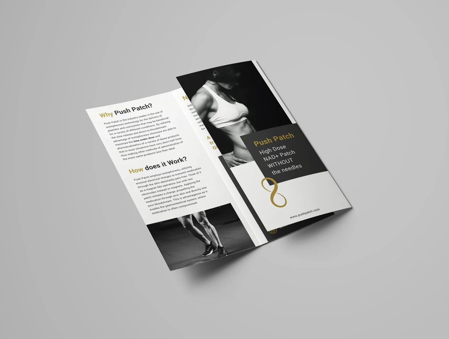 Brochure for Push Patch, a patch for high dose NAD+ therapy, featuring a woman in sports bra on the cover and a picture of a runner inside.