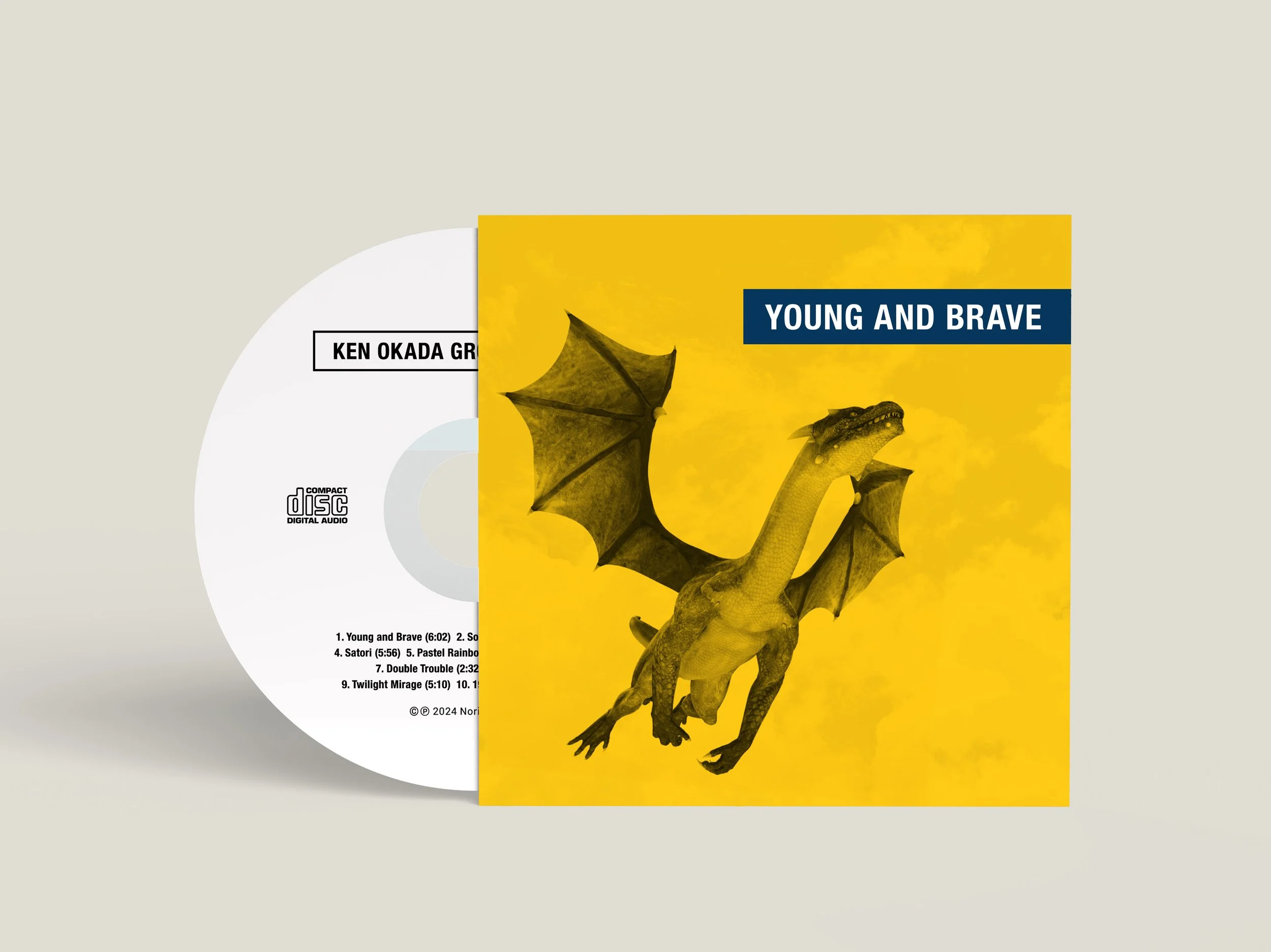 Cover of a music album titled 'Young and Brave' featuring a yellow background and an illustration of a dragon with wings.