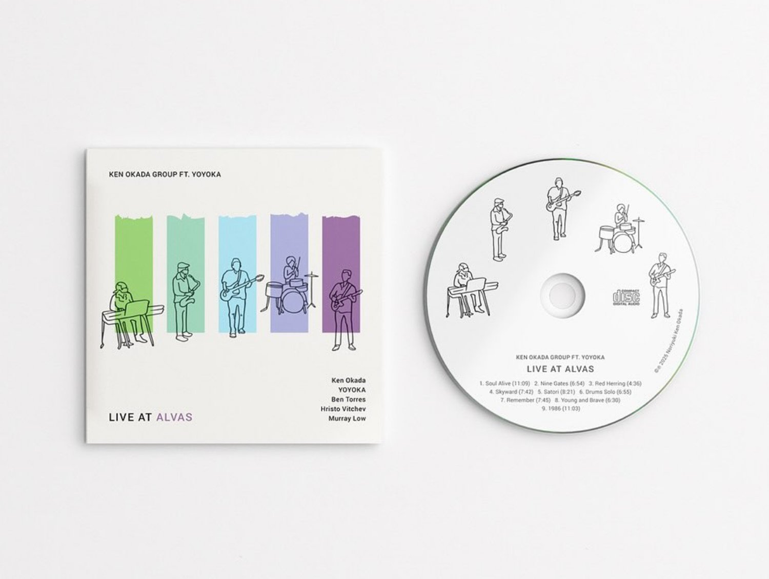 Music album cover and CD titled "LIVE AT ALVAS" by Ken Okada Group featuring Yoyoka. The cover design includes line drawings of six musicians playing instruments, with vertical color stripes in green, blue, purple, and lilac background behind some of