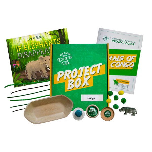 Contents of Animals of the Congo Project Box from Green Explorers Club including book putty container project guide and toy animal