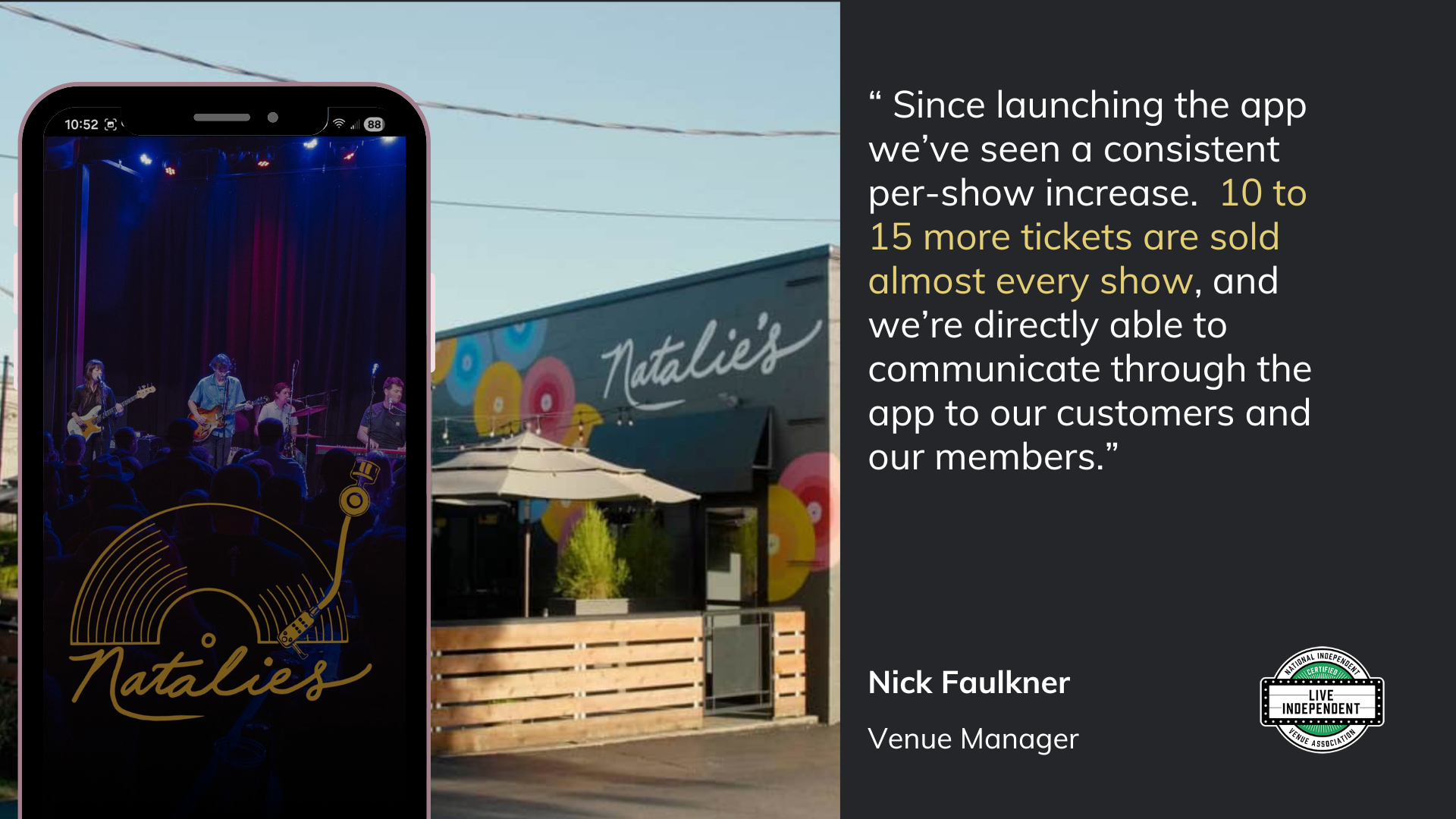 Natalie’s Grandview partnership with InstantEncore generating 10 - 15 additional ticket sales per event and an ROI that exceed expectations