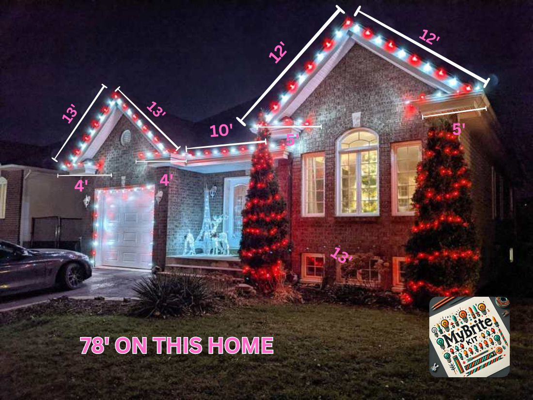 A house decorated with Christmas lights, including white and red lights on the roof, two Christmas trees with red lights, and window illumination, with the measurement details of the roof edges and windows. There is a parked car on the driveway, and the text '78' ON THIS HOME' at the bottom. The house is brick with bright interior lights visible through the windows.