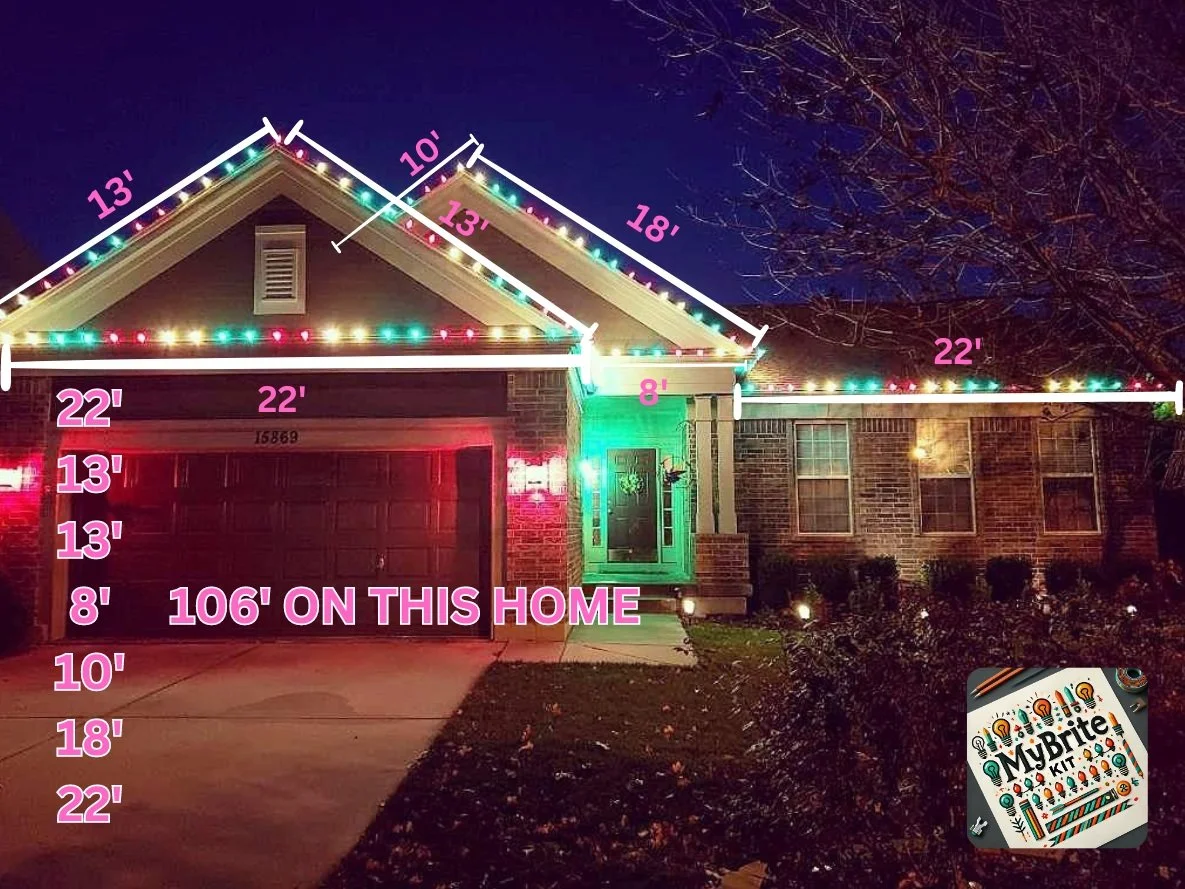 House decorated with colorful Christmas lights outlining the roof and garage door at night, with measurements marked on the rooflines and a message in pink text reading '106' ON THIS HOME'.