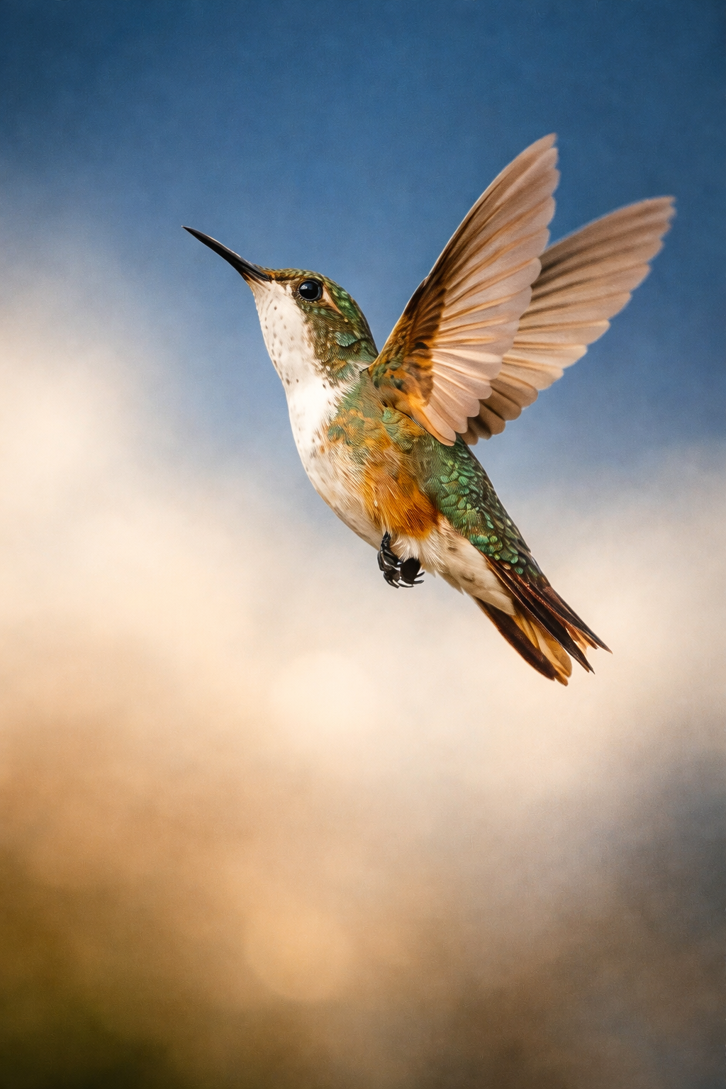 A colorful hummingbird flying with its wings spread, showing iridescent green feathers on its back and head, and white and brown markings on its chest and tail against a blurred sky background.