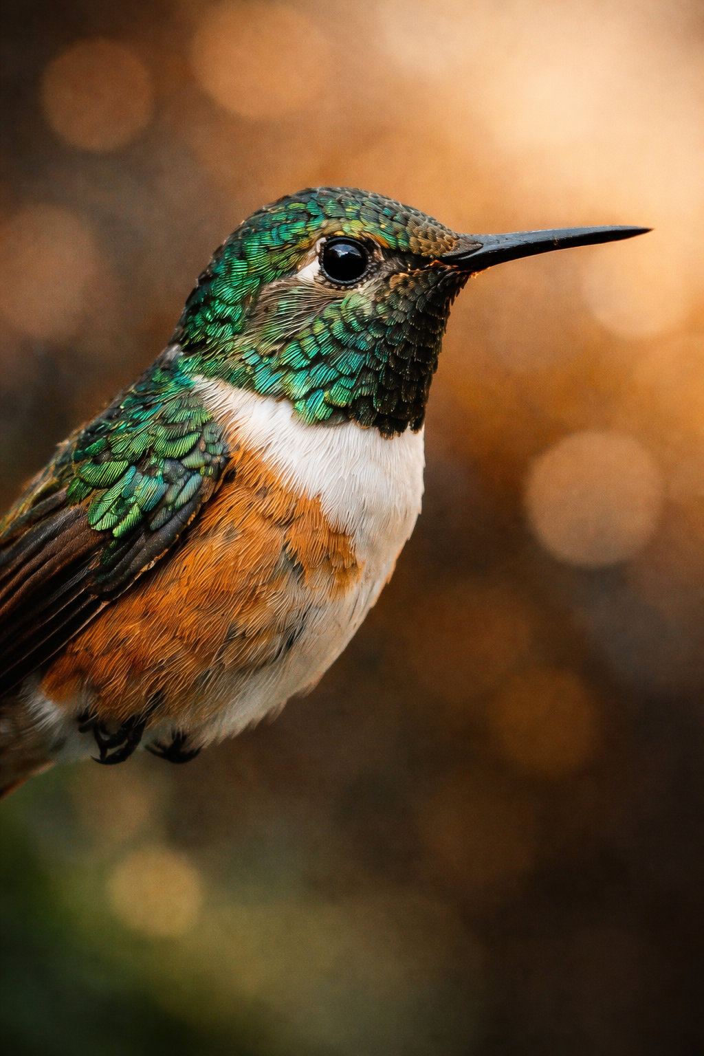 Close-up of a colorful hummingbird with iridescent green and brown feathers perched with a blurred background.
