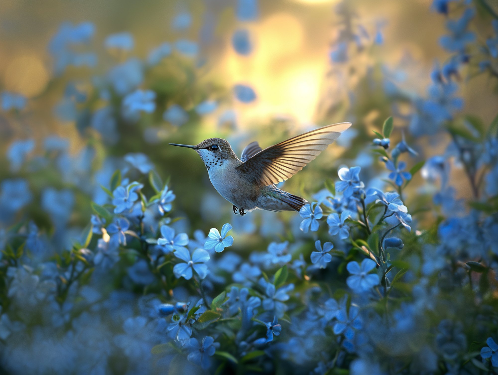 Hummingbird in flight among blue flowers representing the resilience, precision, and endurance that guide trauma recovery at Carolina Trauma Recovery in North Carolina