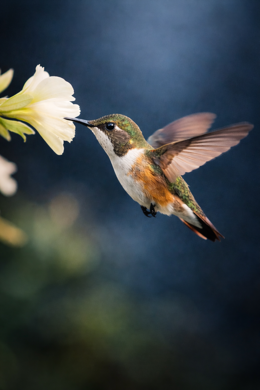 A close-up of a hummingbird hovering near a white flower, feeding on nectar with its beak, with a blurred dark background.