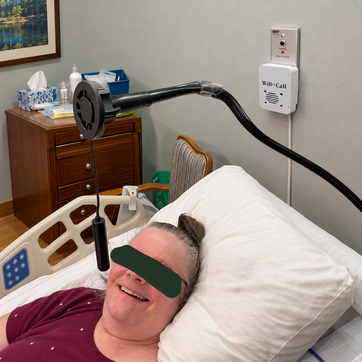 Will-Call device installed at a resident bedside showing microphone placement and connection to the nurse call panel