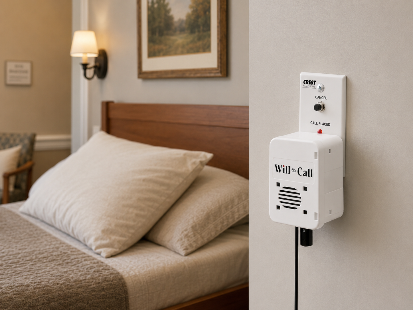 Will-Call voice-activated nurse call accessory placed on a bedside table near a resident's bed