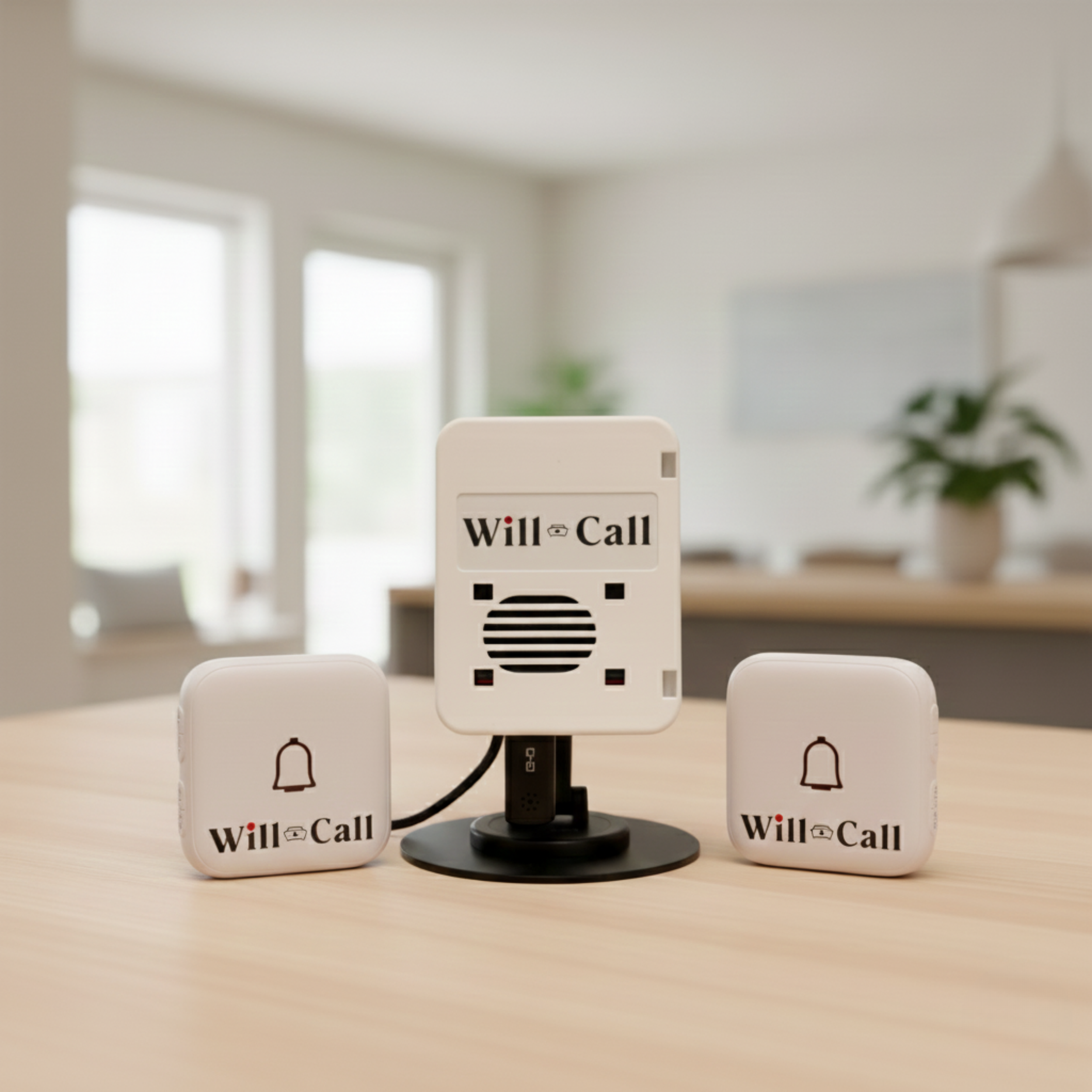 A wireless intercom system with a central unit saying 'Will Call' and two side units with bell icons and the words 'Will Call' on a wooden table in a bright room.