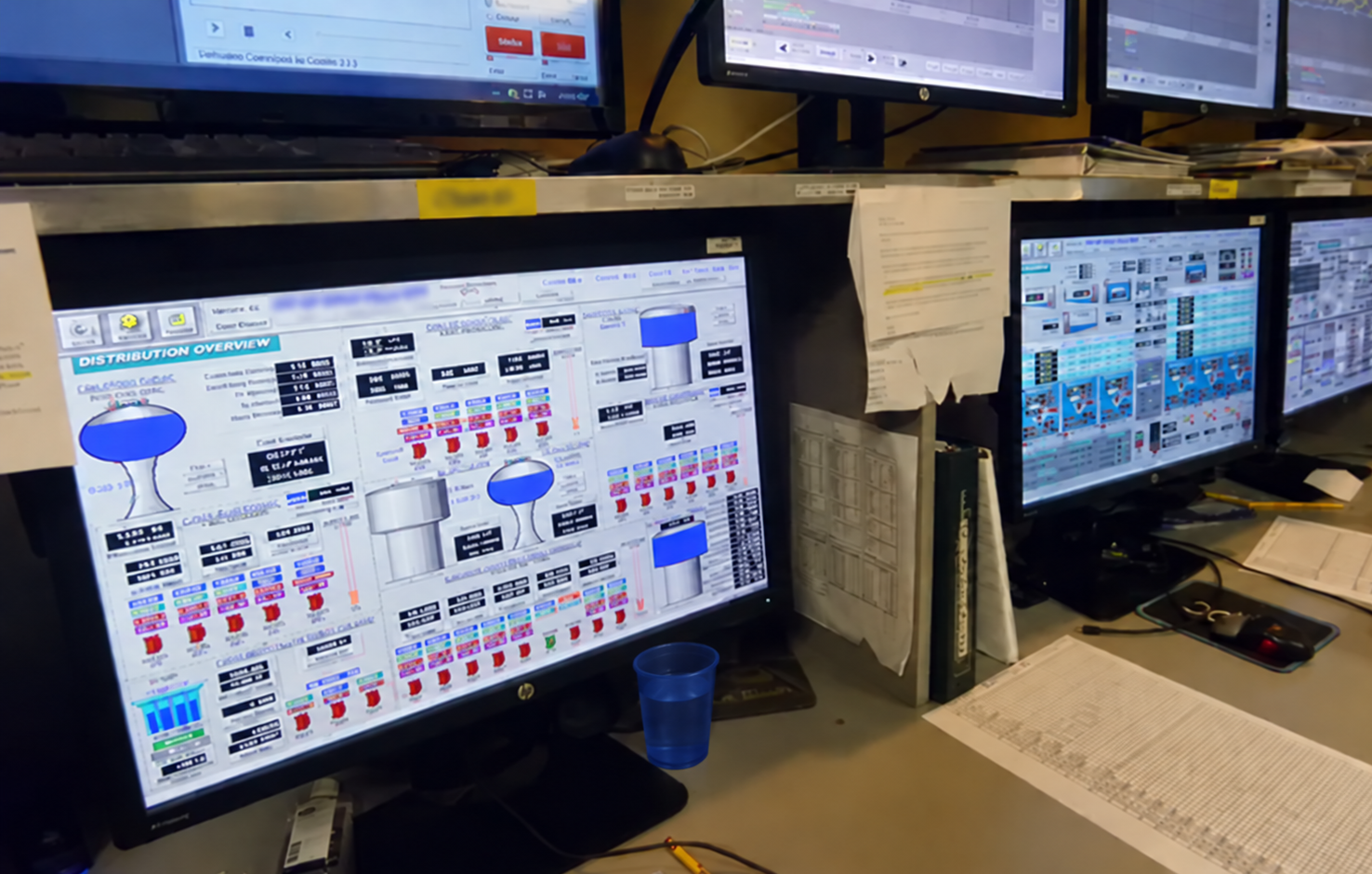Multiple computer monitors on a desk displaying data and graphics, with papers, a mouse, and a blue plastic cup nearby.