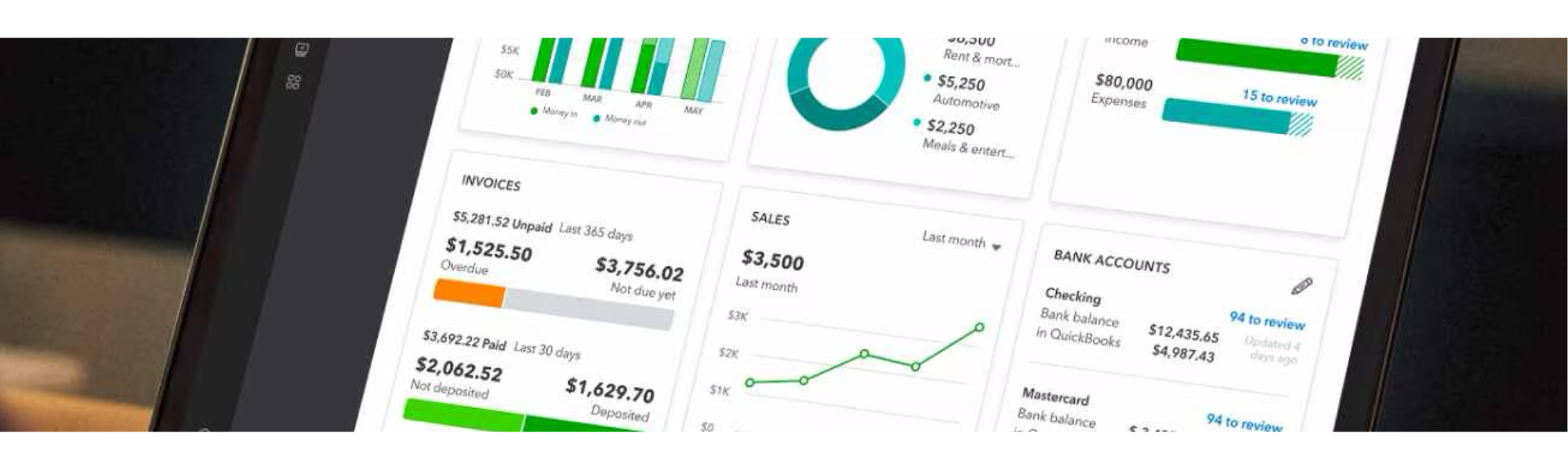 Digital financial dashboard showing charts, graphs, invoices, sales, and bank account balances on a screen.