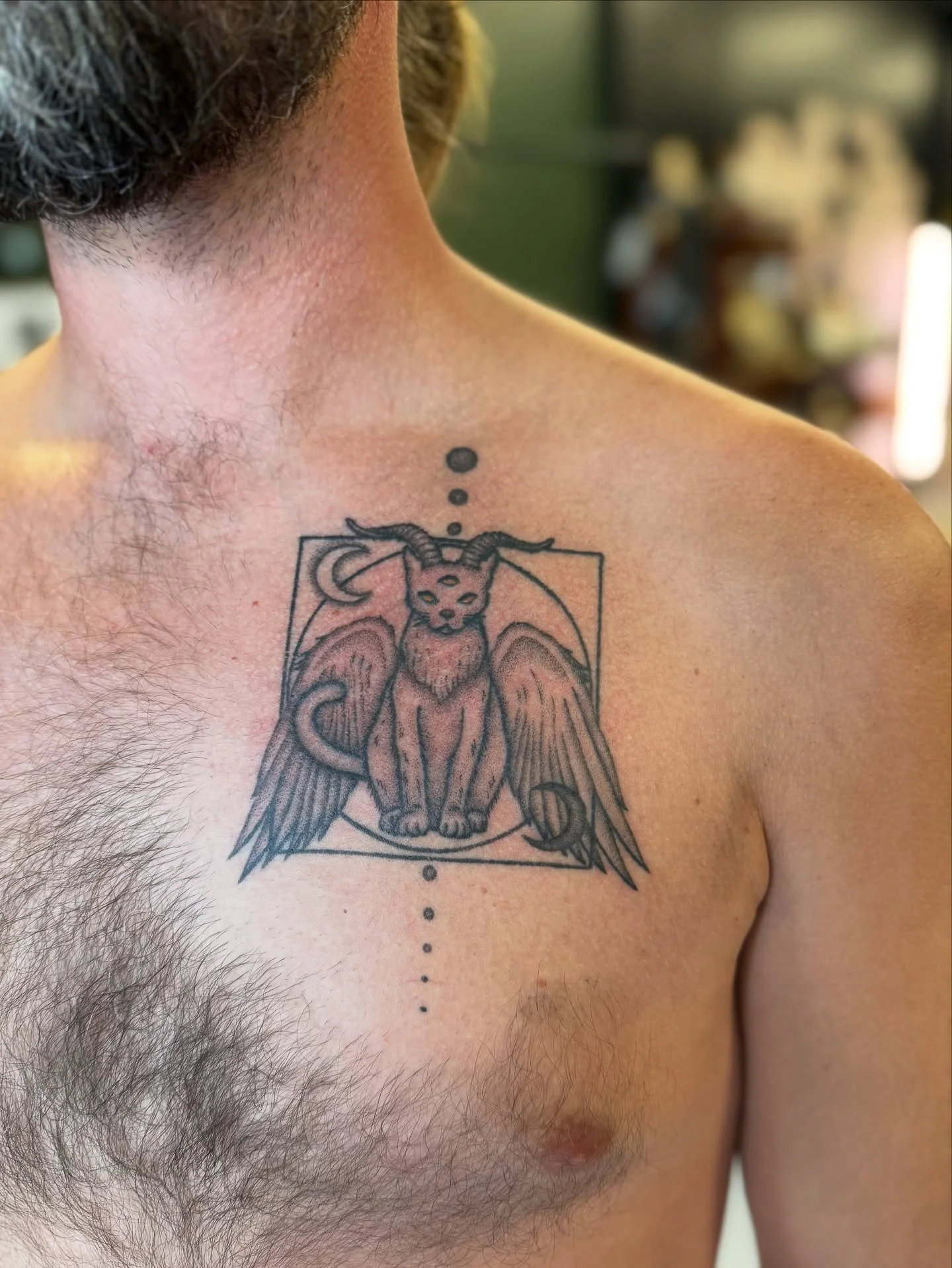 An arcane cat for Travis, designed and tattooed by Marki, finished just in time for spooky season.

Shoot us a DM to book your next tattoo before Halloween. We&rsquo;re ready to do some spooky/witchy tattoos.

#handpoke #dotwork #cattattoo #witchy #a