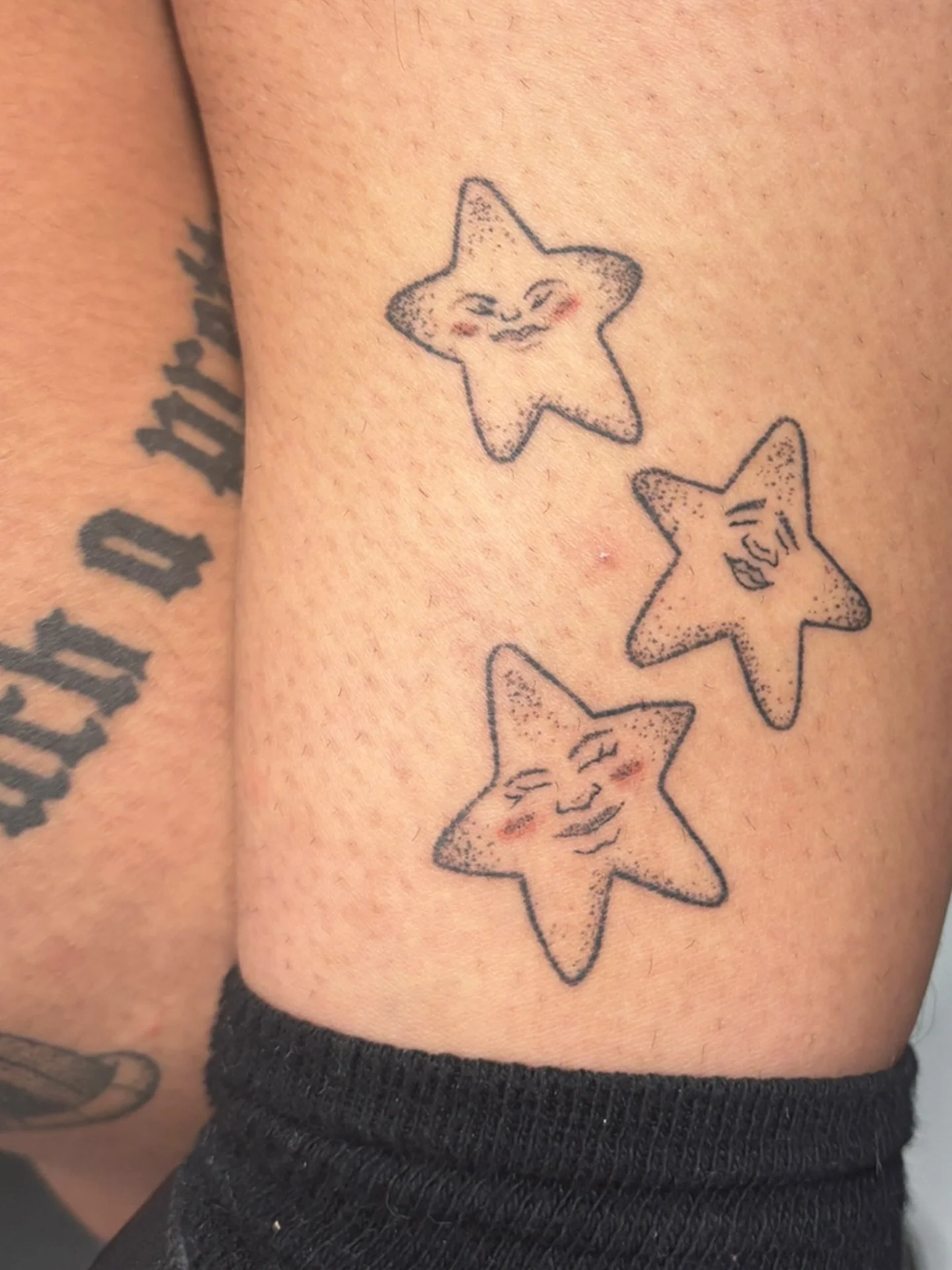 Some cute little stars, designed and tattooed by Caleigh.

Our lovely apprentice has a ton of cool little guys drawn up and ready to tattoo. Go give her a follow at @_.ratatattoos._ to check out all her available flash, and shoot us a message to book