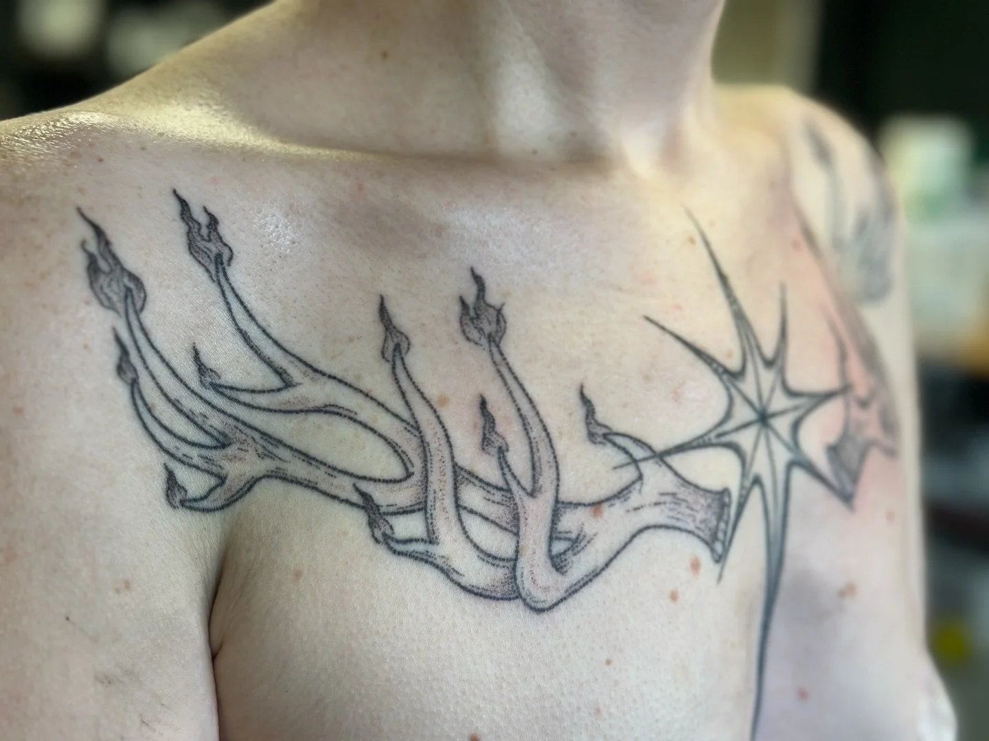 A pair of matching flaming antlers for Mary, designed and tattooed by Katie. If you look closely, you can see a fully healed star in the middle by Marki as well. Can you guess what book universe inspired this chest piece?

Our artists enjoy working t