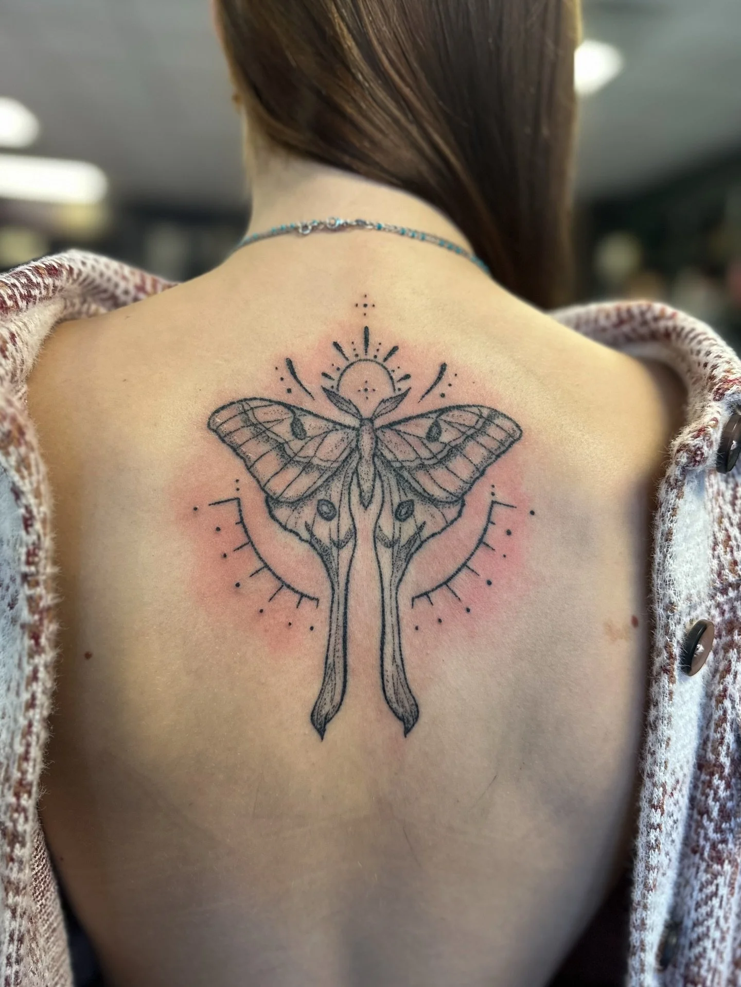 An ornamental moth tattoo for Phoebe, designed and tattooed by Katie. 

Katie loooves tattooing bugs, especially moths and beetles. If you swipe over to that second slide, there&rsquo;s a few more moths in this style that she&rsquo;s designed and wou