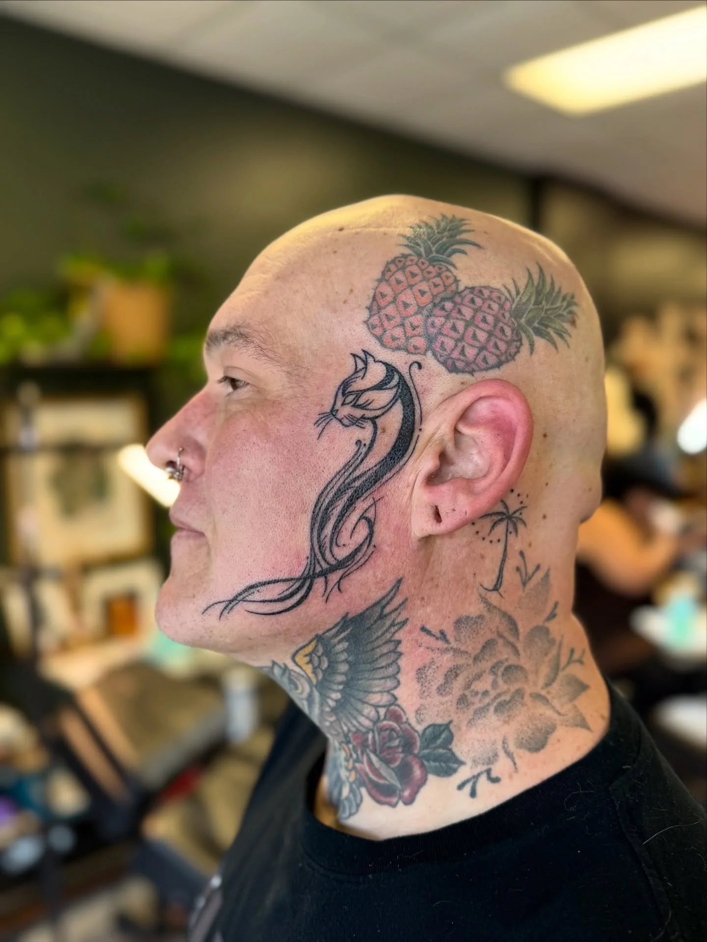 For the extreme cat lover: an abstract cat for Jamie designed and tattooed by Marki.

We don&rsquo;t do face tattoos for just anyone, but if you&rsquo;ve been getting tattooed with us for long enough, we&rsquo;ll consider it.

If you&rsquo;re interes