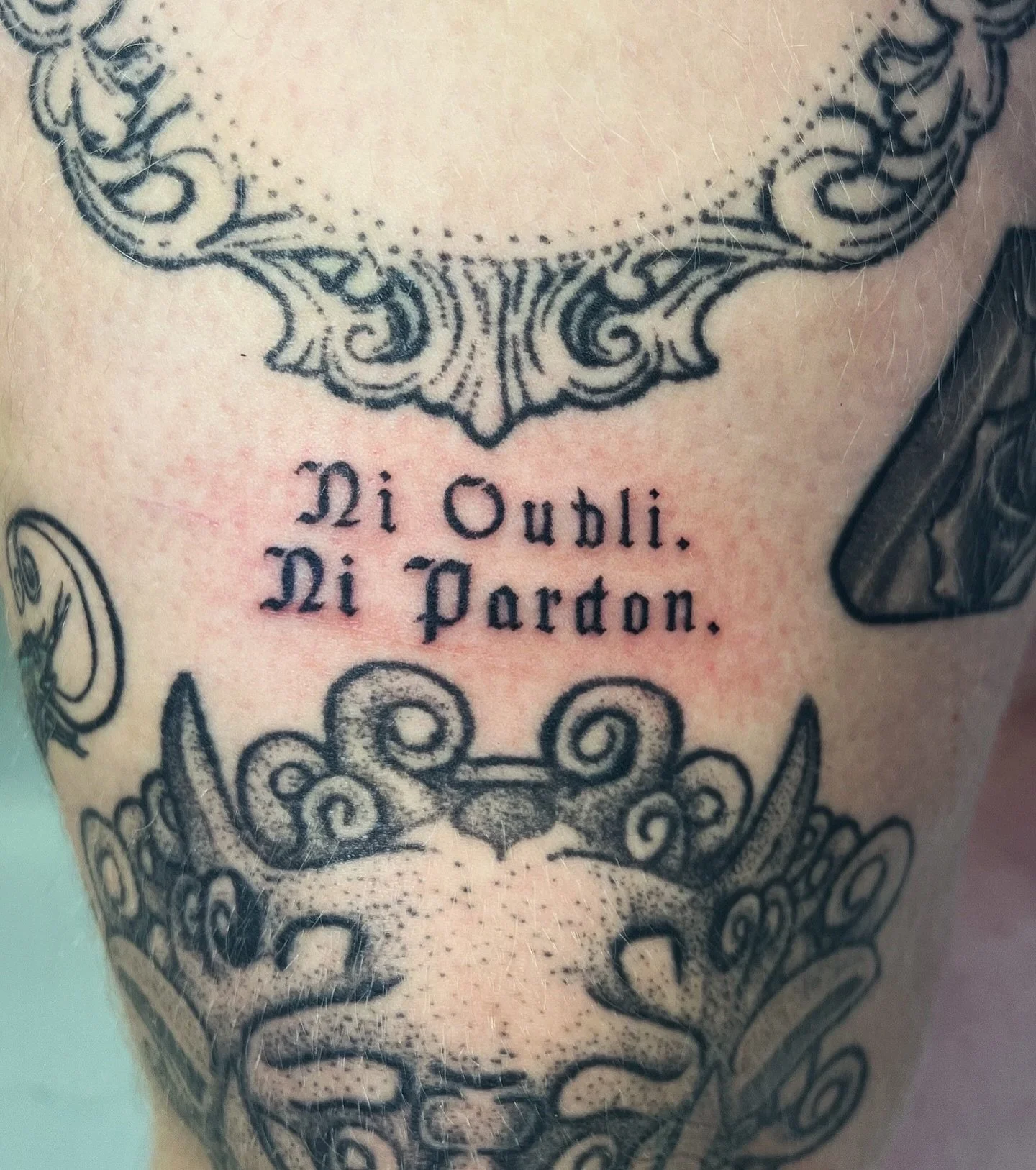 Old English style text tattooed by Vanessa.

If you&rsquo;re hoping to get a new font tattoo, shoot us a DM, or try your luck and walk in. If we have the time and space, we&rsquo;re always willing to work on something for you. 

#texttattoo #femaleta