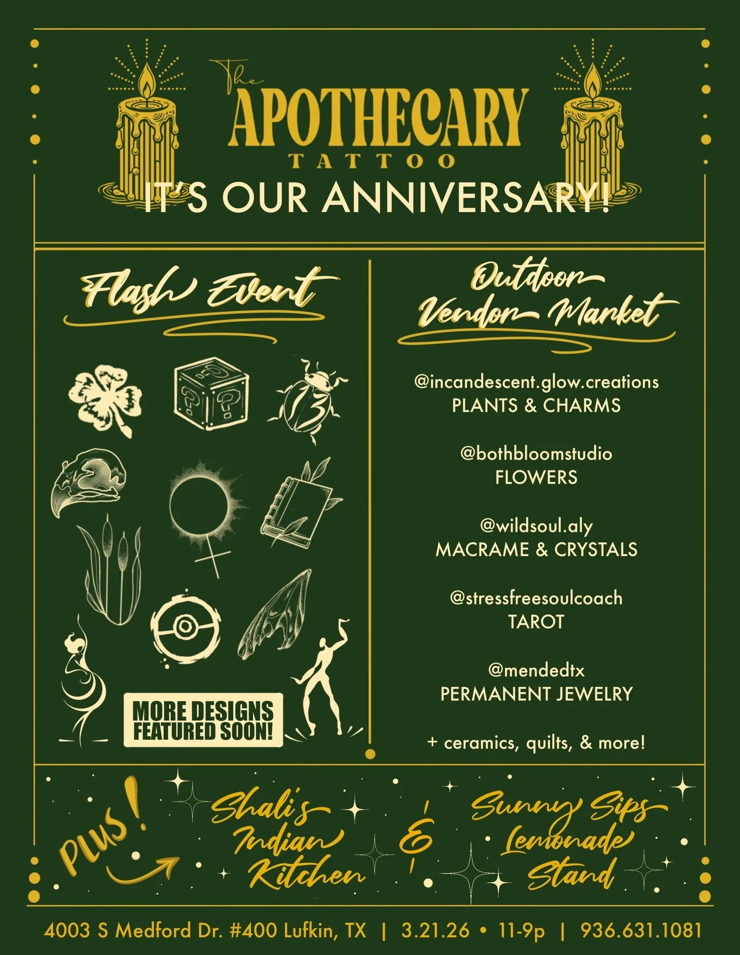 Come out and join us for our one year anniversary on March 21st! We&rsquo;ll have a flash event and outdoor vendor market from 11am-7pm, with Shali&rsquo;s Food Truck and Sunny Sips Lemonade. Reservations for our flash event will be available, but wa